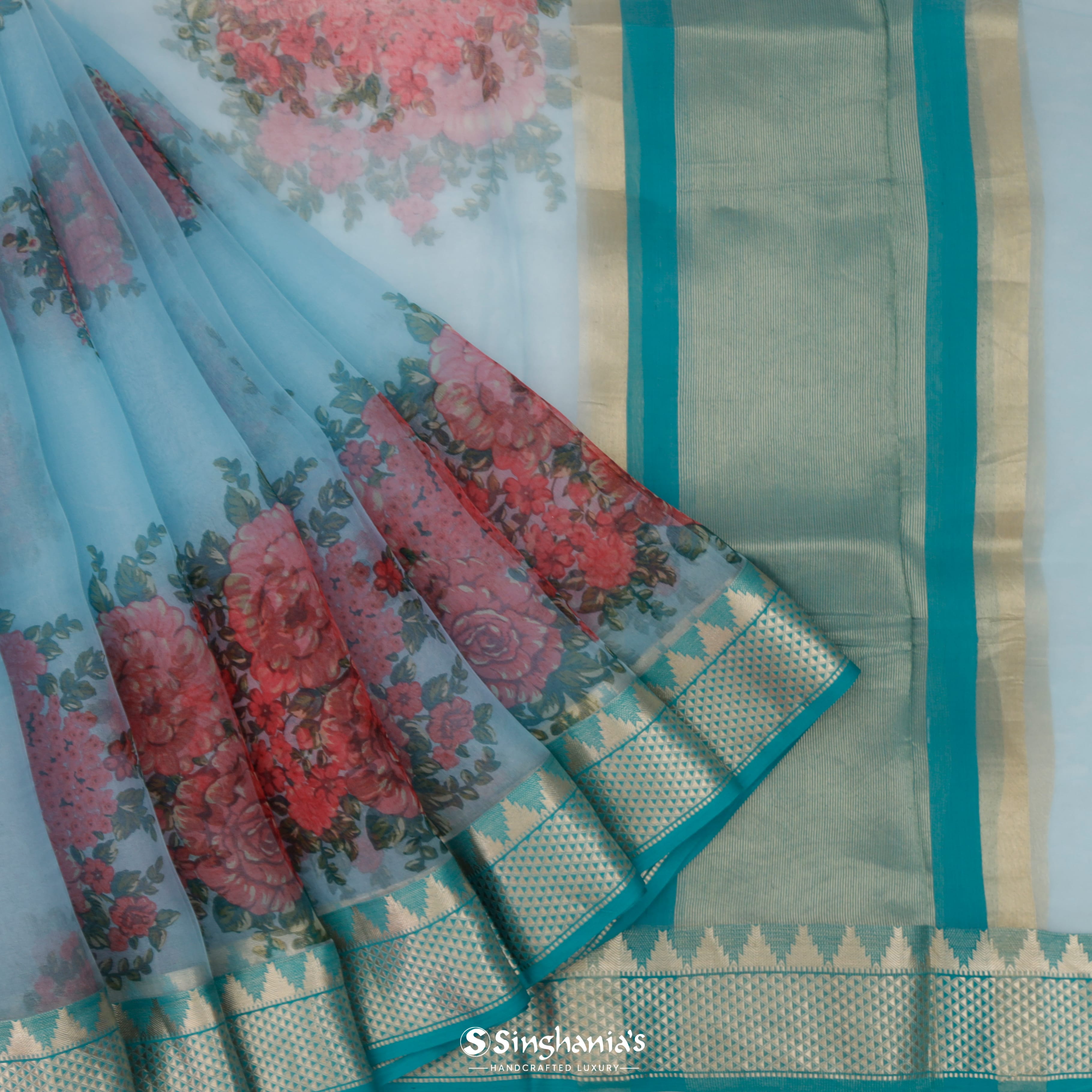 Arctic Blue Organza Printed Saree With Floral Pattern