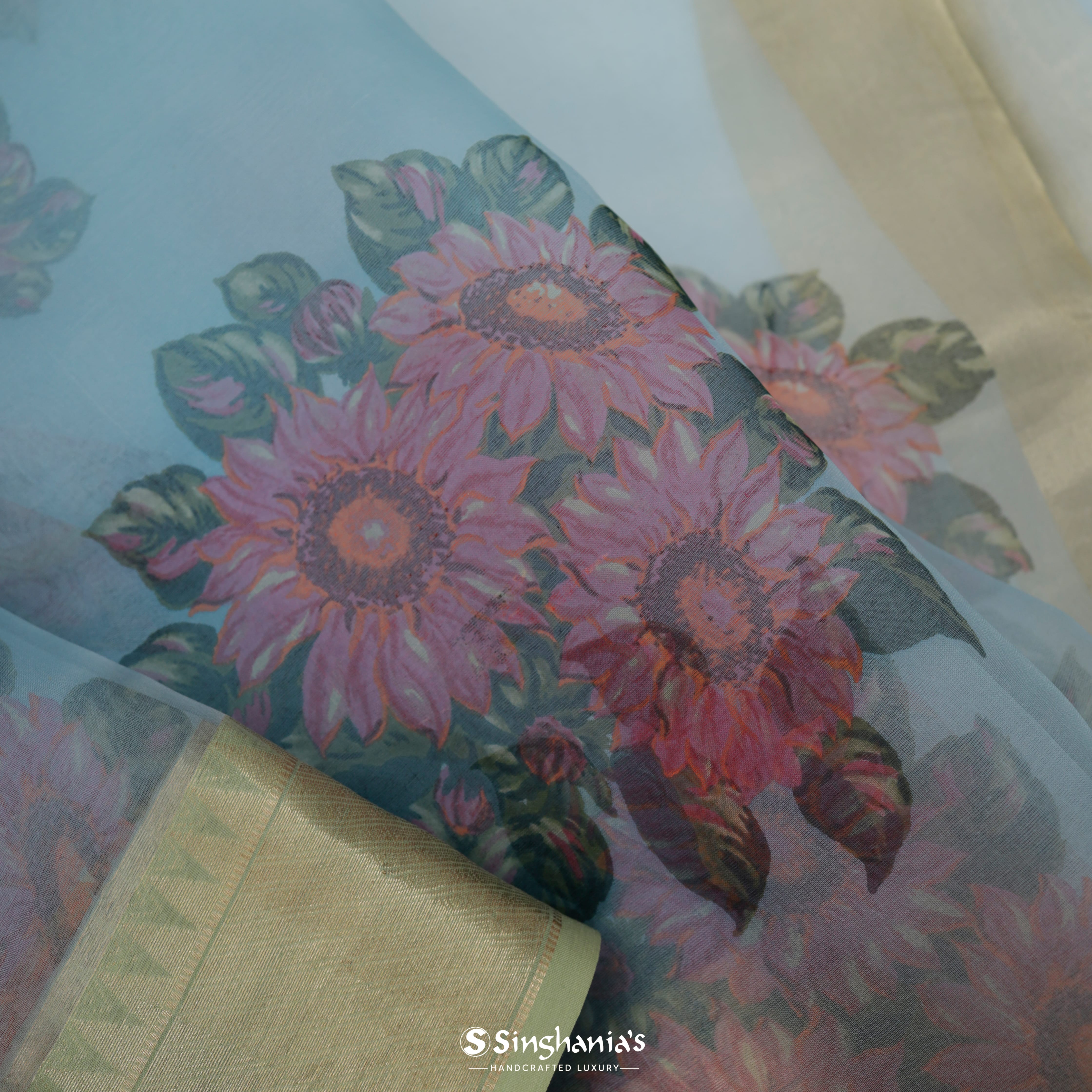 Pacific Blue Organza Printed Saree With Floral Buttas