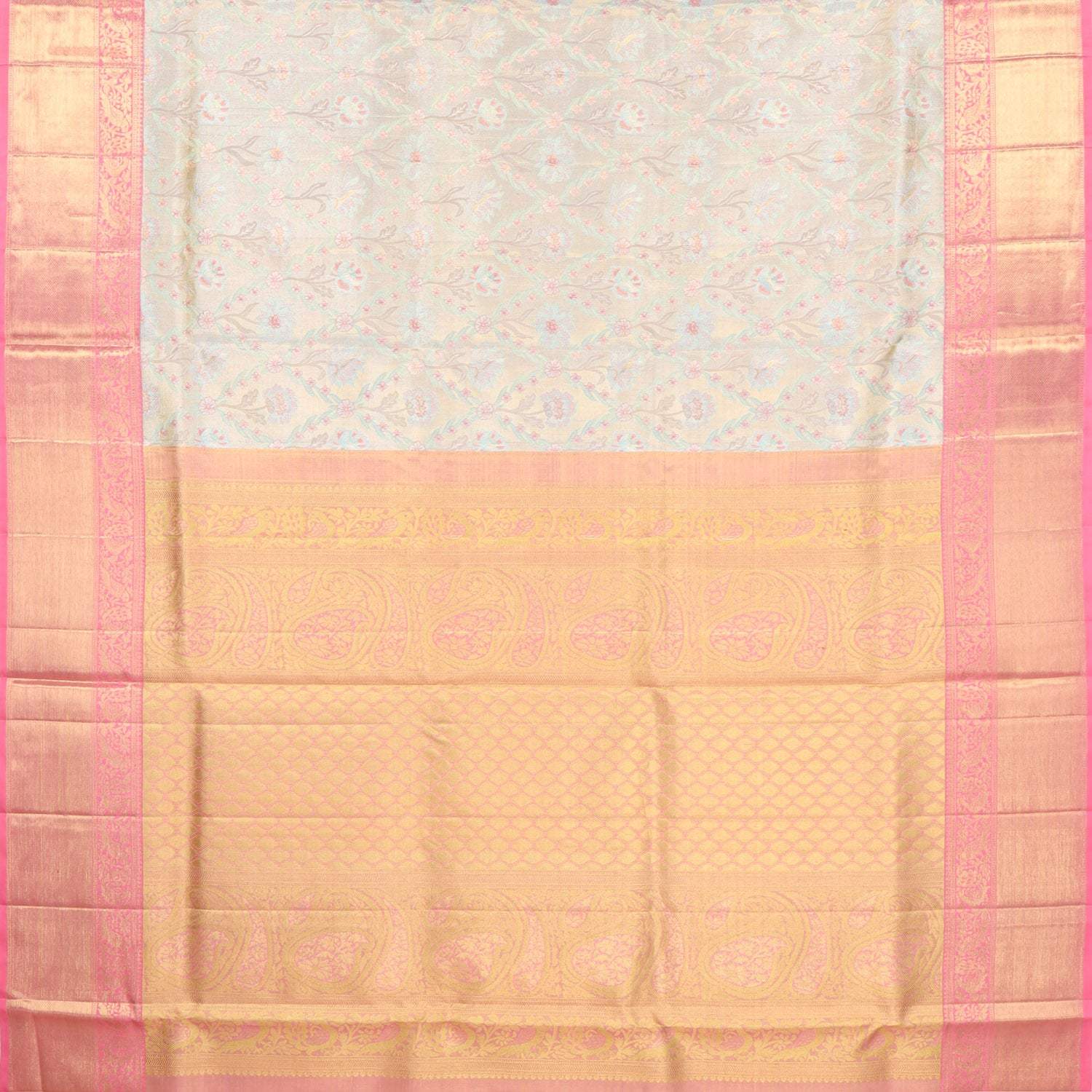 Light Gold Tissue Kanjivaram Silk Saree With Floral Pattern - Singhania's
