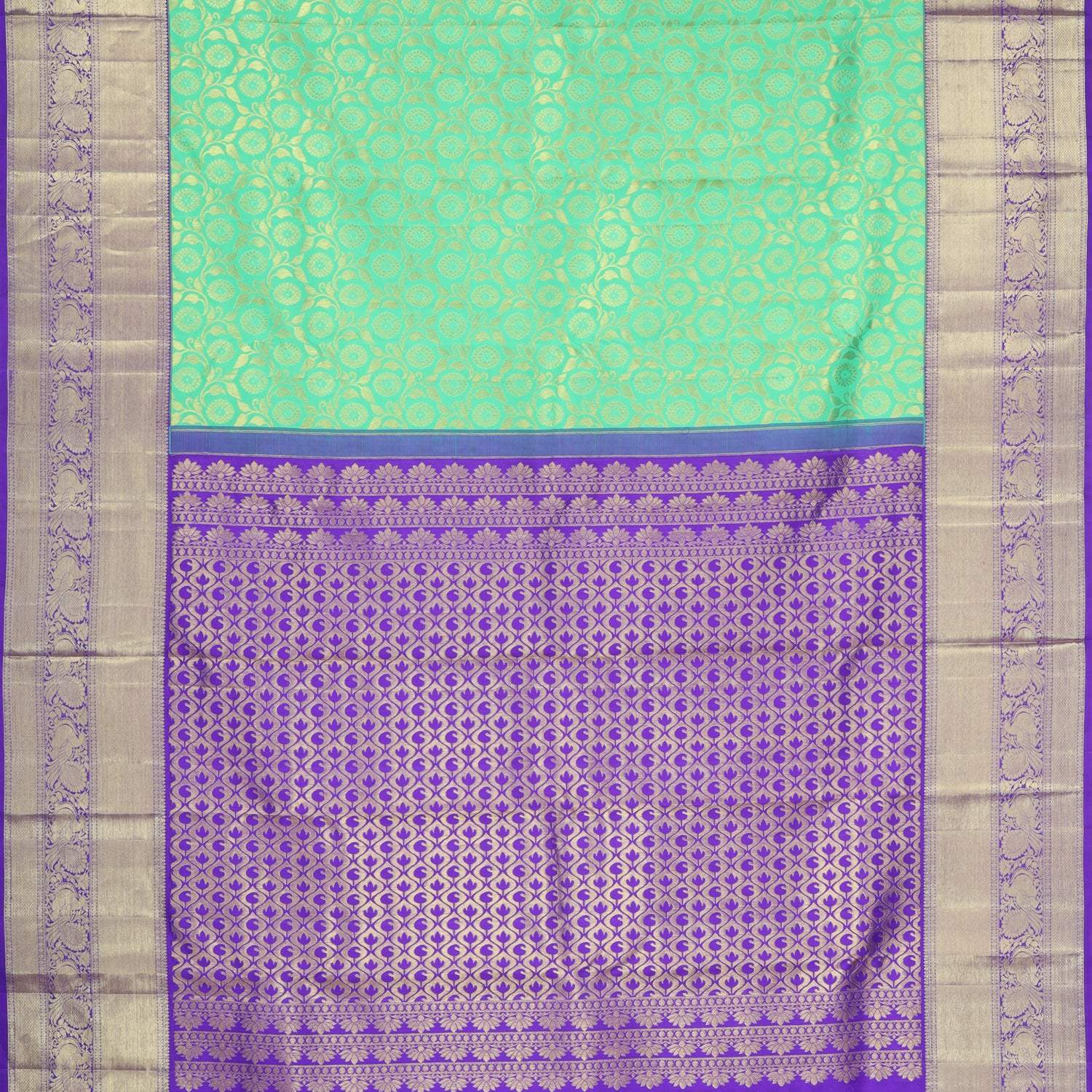 Spring Green Kanjivaram Silk Saree With Floral Jaal Design - Singhania's