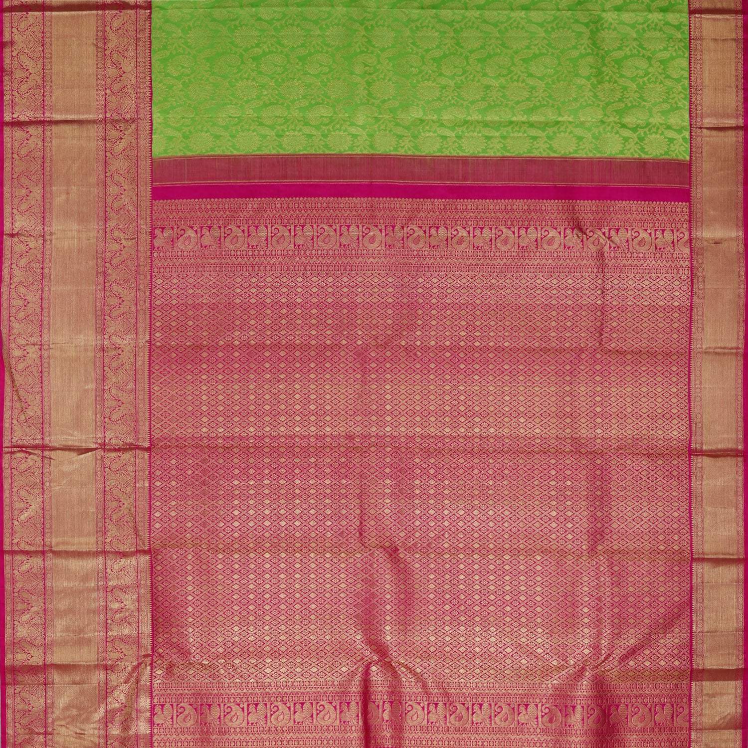 Vibrant Green Kanjivaram Silk Saree With Floral And Mayil Motif Pattern - Singhania's