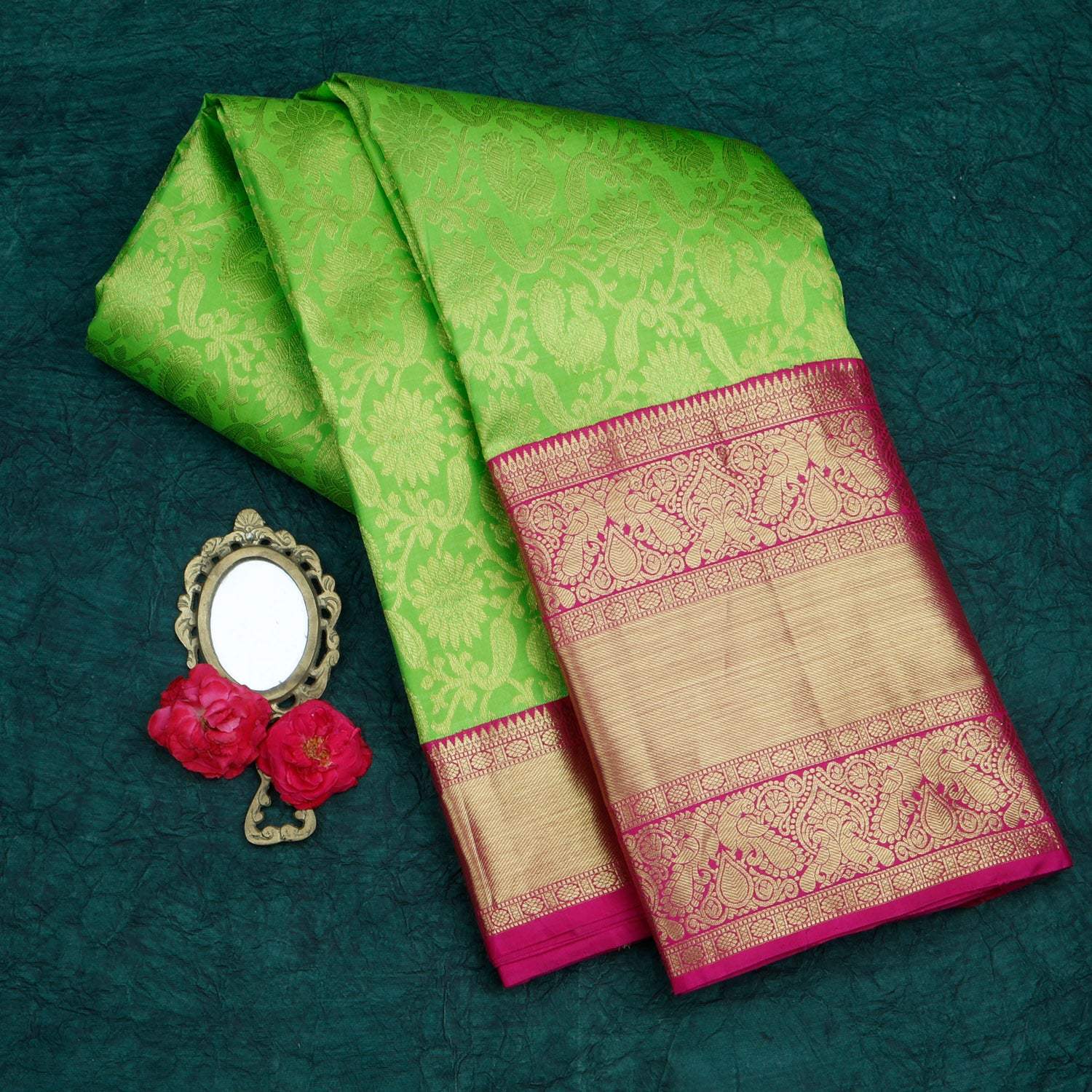 Vibrant Green Kanjivaram Silk Saree With Floral And Mayil Motif Pattern - Singhania's