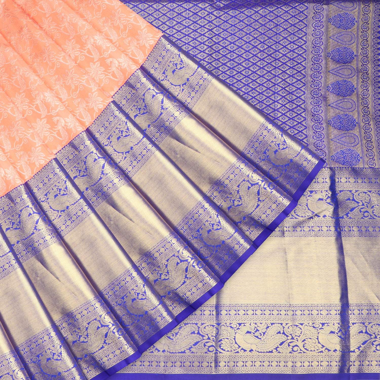 Peach Kanjivaram Silk Saree With Floral Pattern - Singhania's