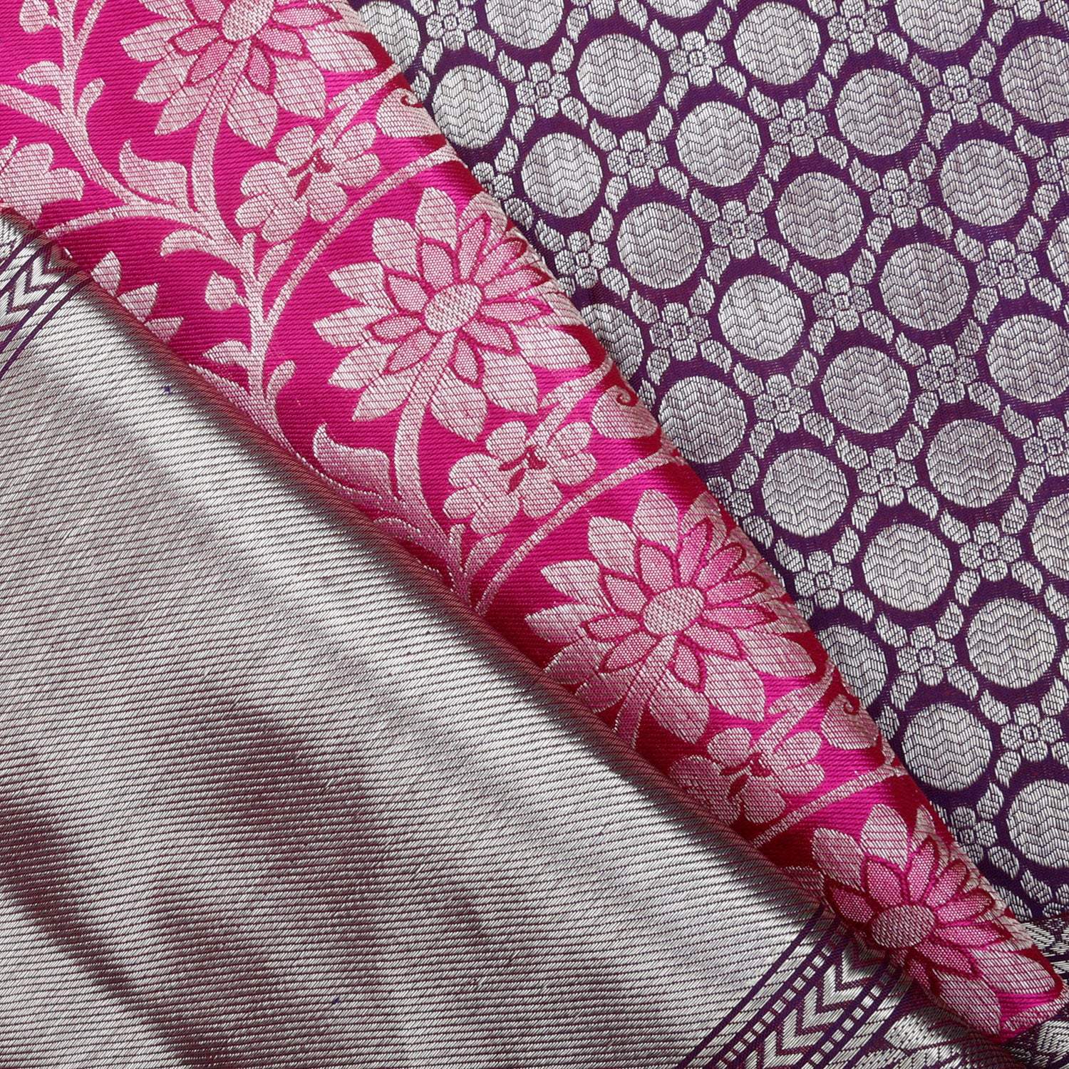 Bright Pink Kanjivaram Silk Saree With Floral Motif Pattern - Singhania's
