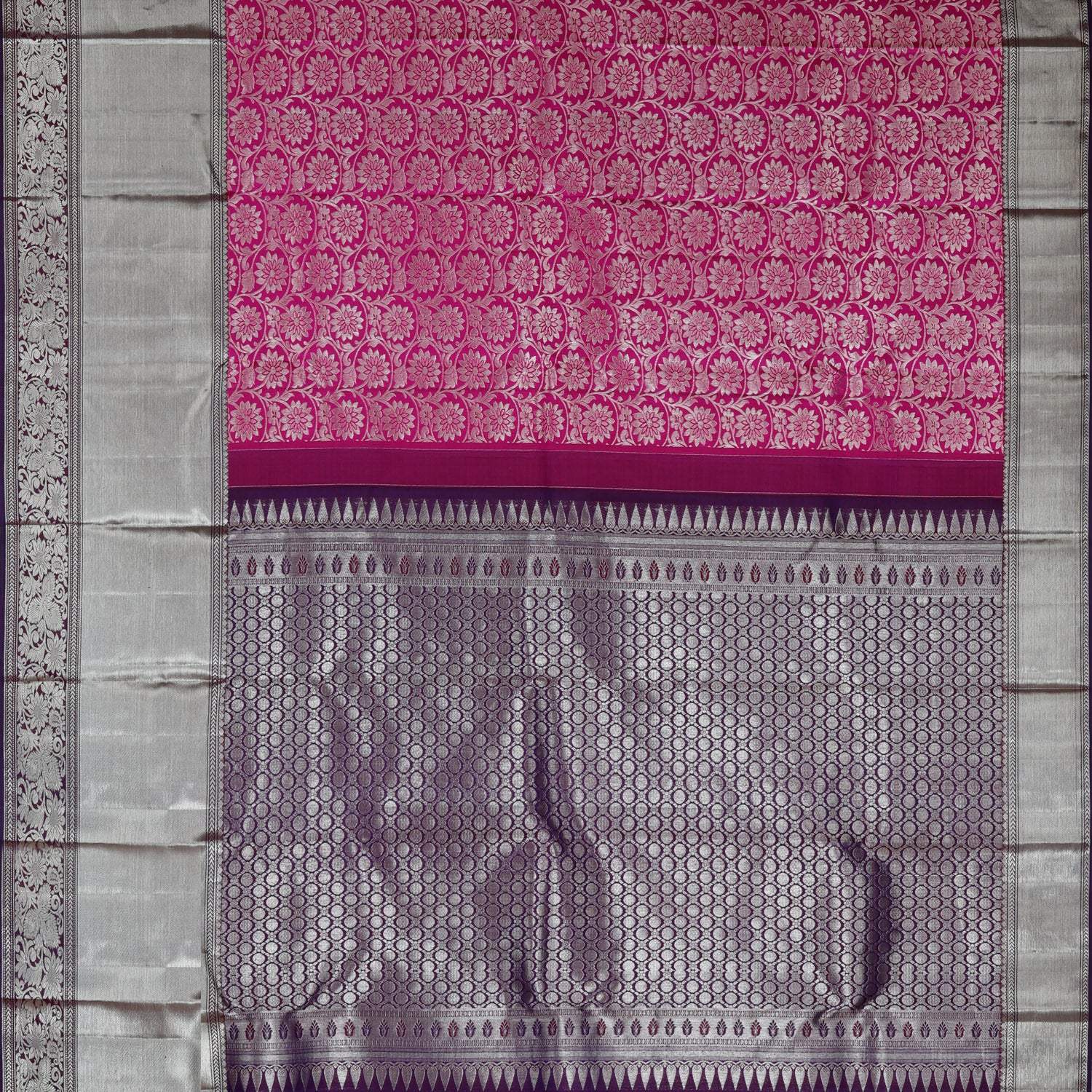 Bright Pink Kanjivaram Silk Saree With Floral Motif Pattern - Singhania's