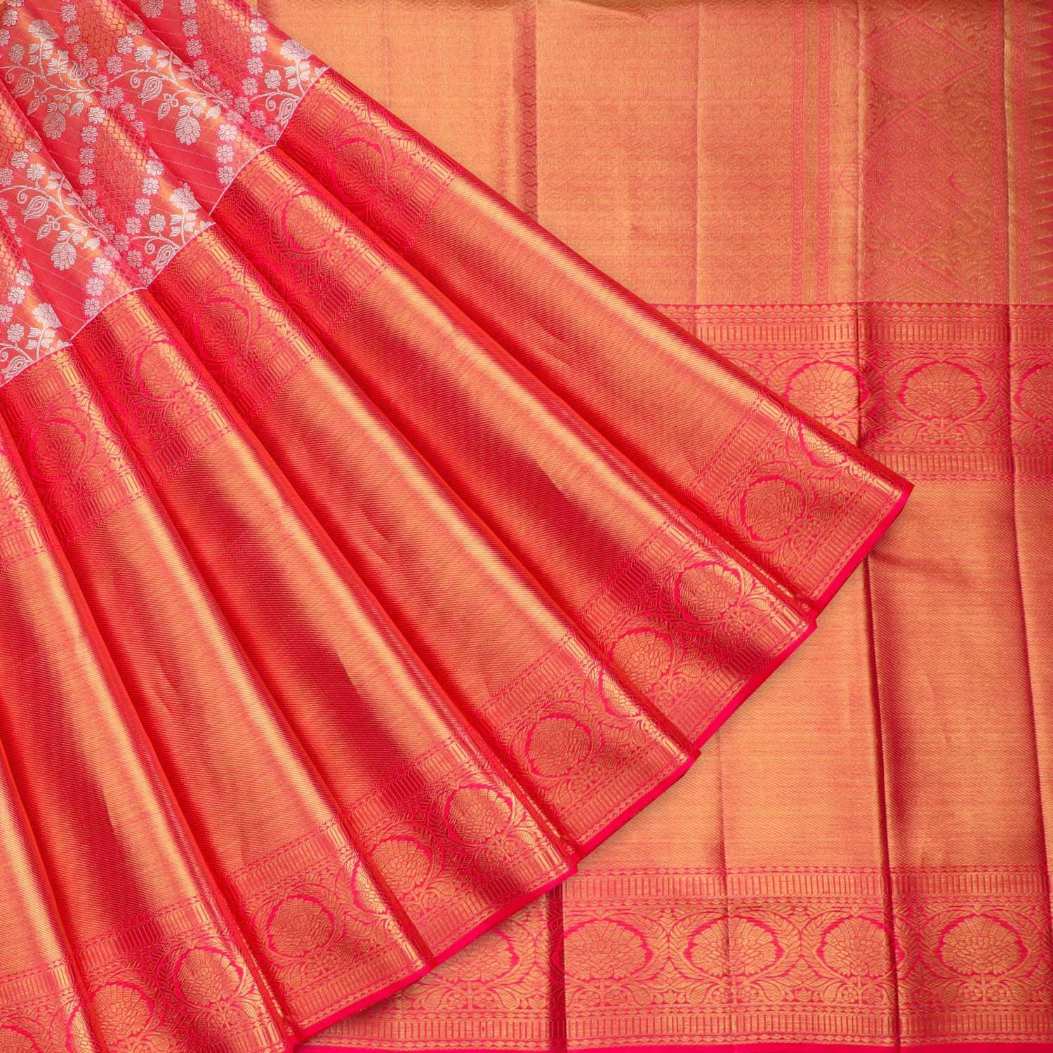Pink Tissue Kanjivaram Silk Saree With Floral Pattern - Singhania's