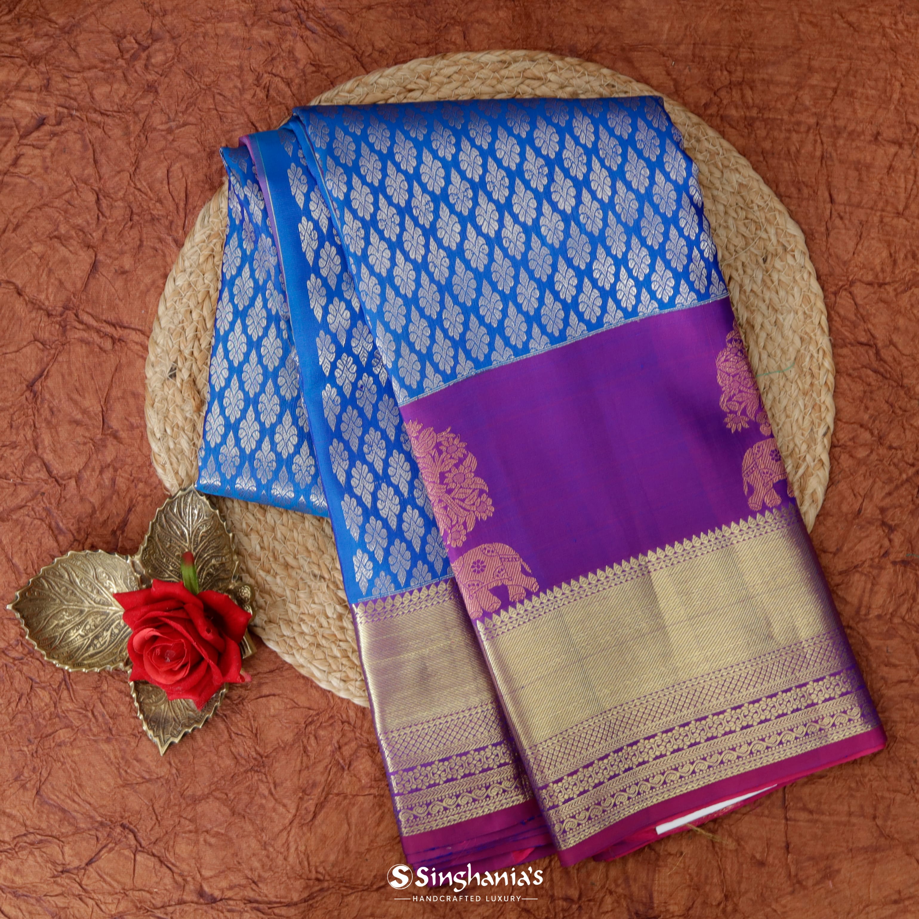 Azure Blue Silk Kanjivaram Saree With Floral Motif Pattern