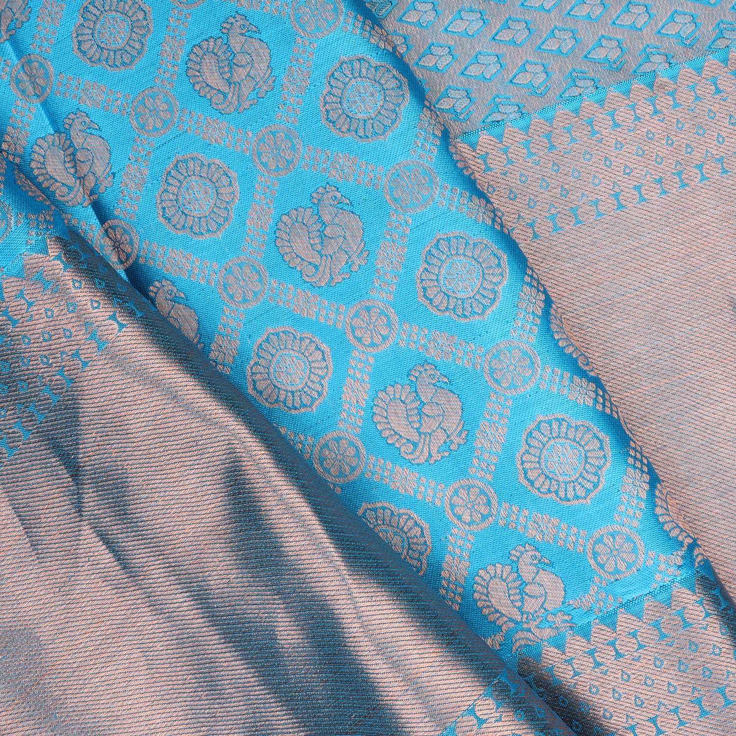 Blue Kanjivaram Silk Saree With Floral And Mayil Motifs - Singhania's
