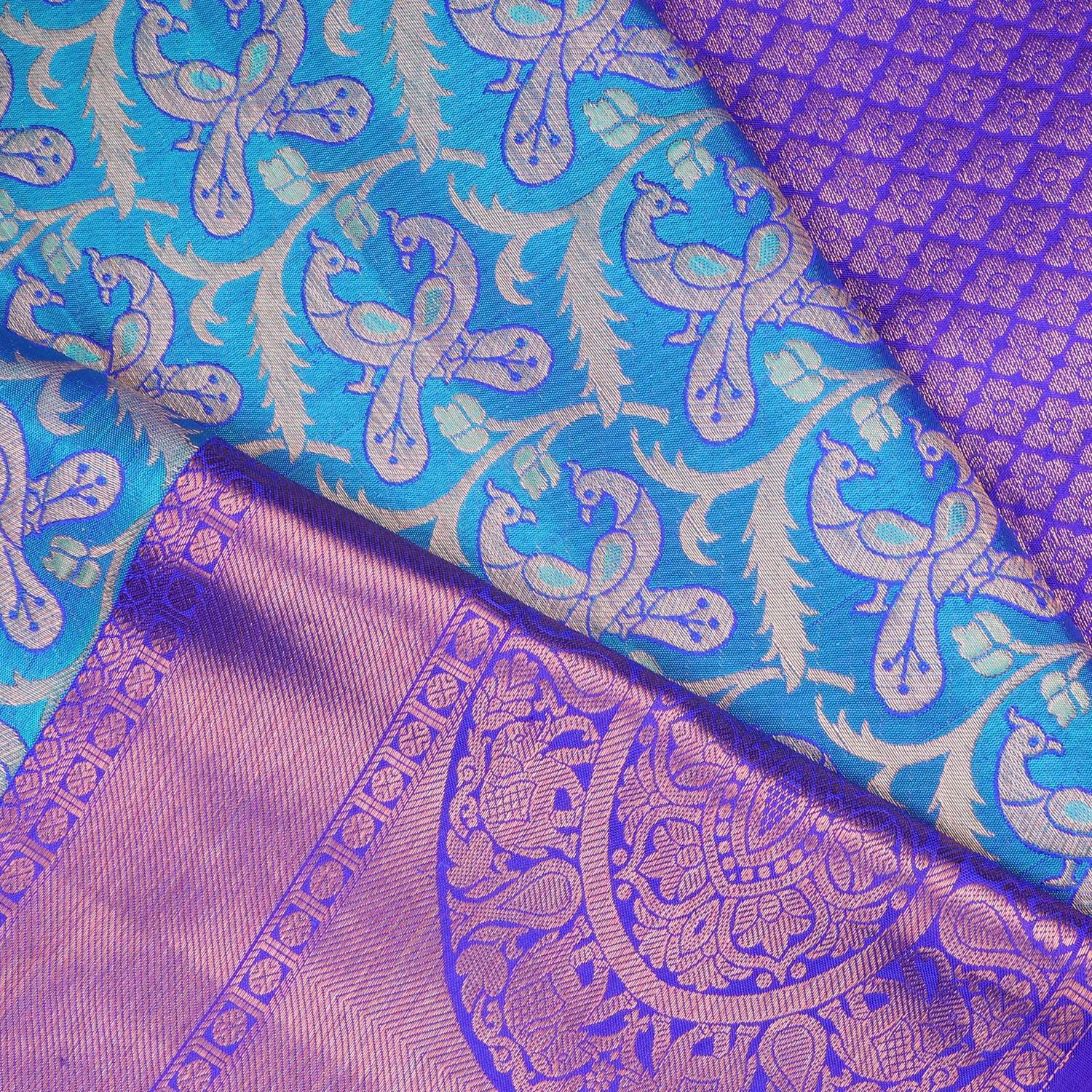 Blue Kanjivaram Silk Saree With Copper Zari - Singhania's