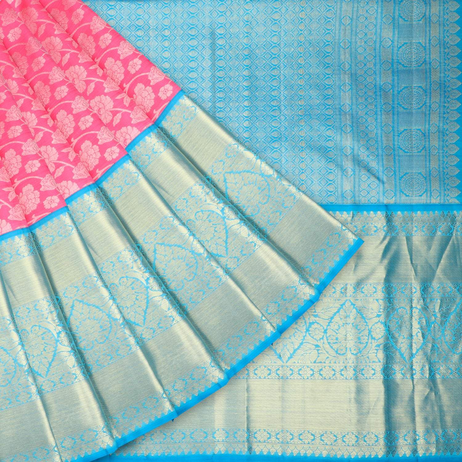 Flamingo Pink Kanjivaram Silk Saree With Floral Pattern - Singhania's