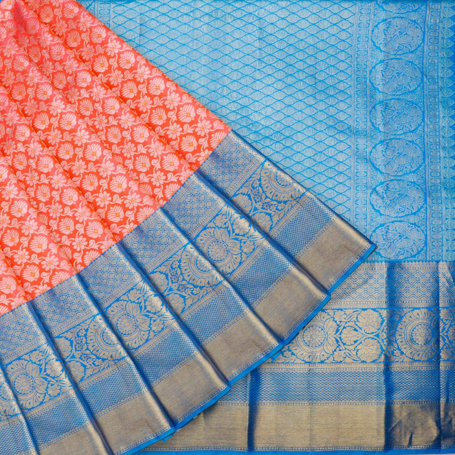 Vibrant Orange Kanjivaram Silk Saree With Floral Pattern - Singhania's