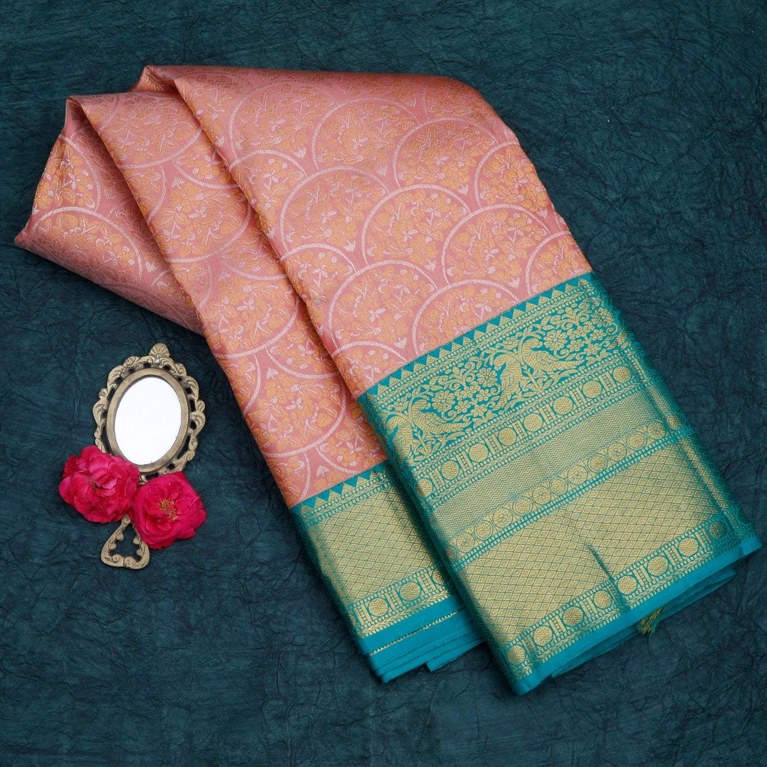 Coral Pink Kanjivaram Silk Saree With Floral Motif Pattern - Singhania's