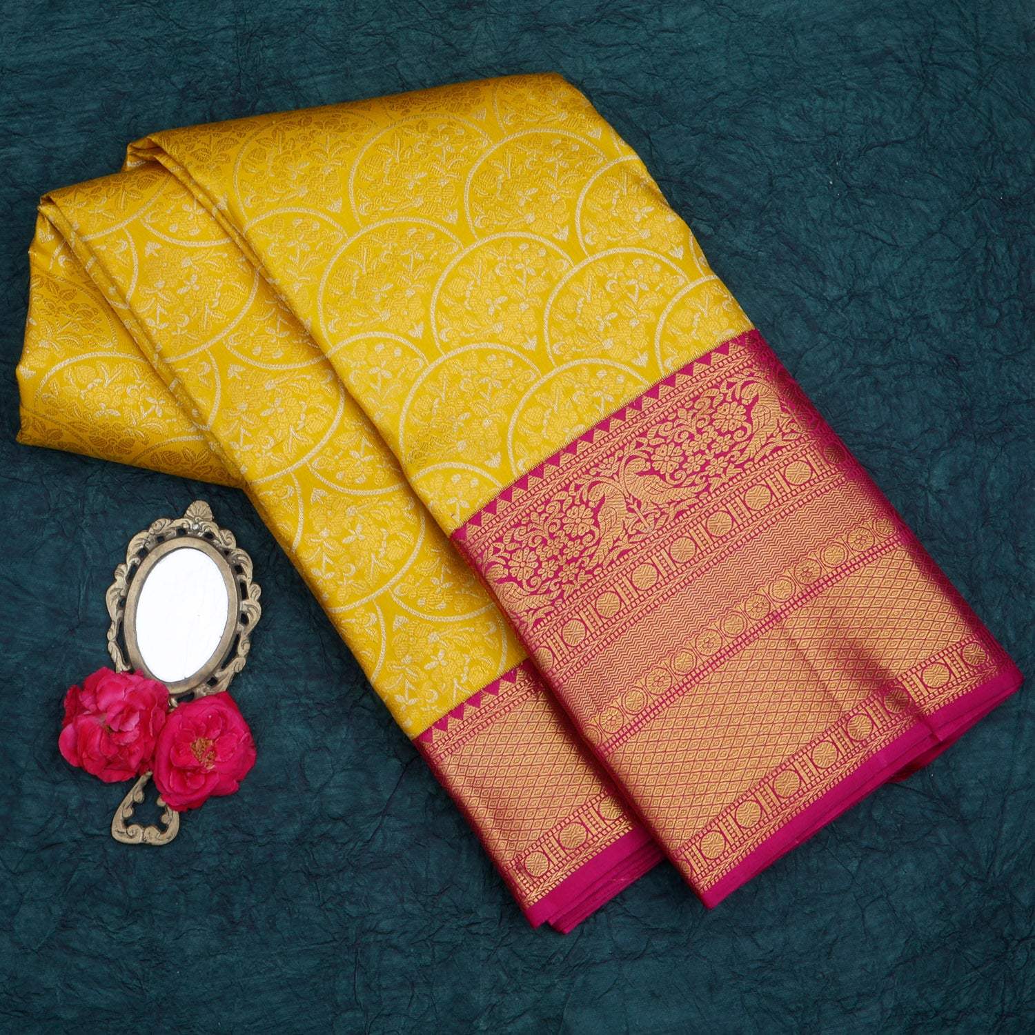 Multi Colour Handwoven Kanchipuram Tissue Silk Saree With Pink Border