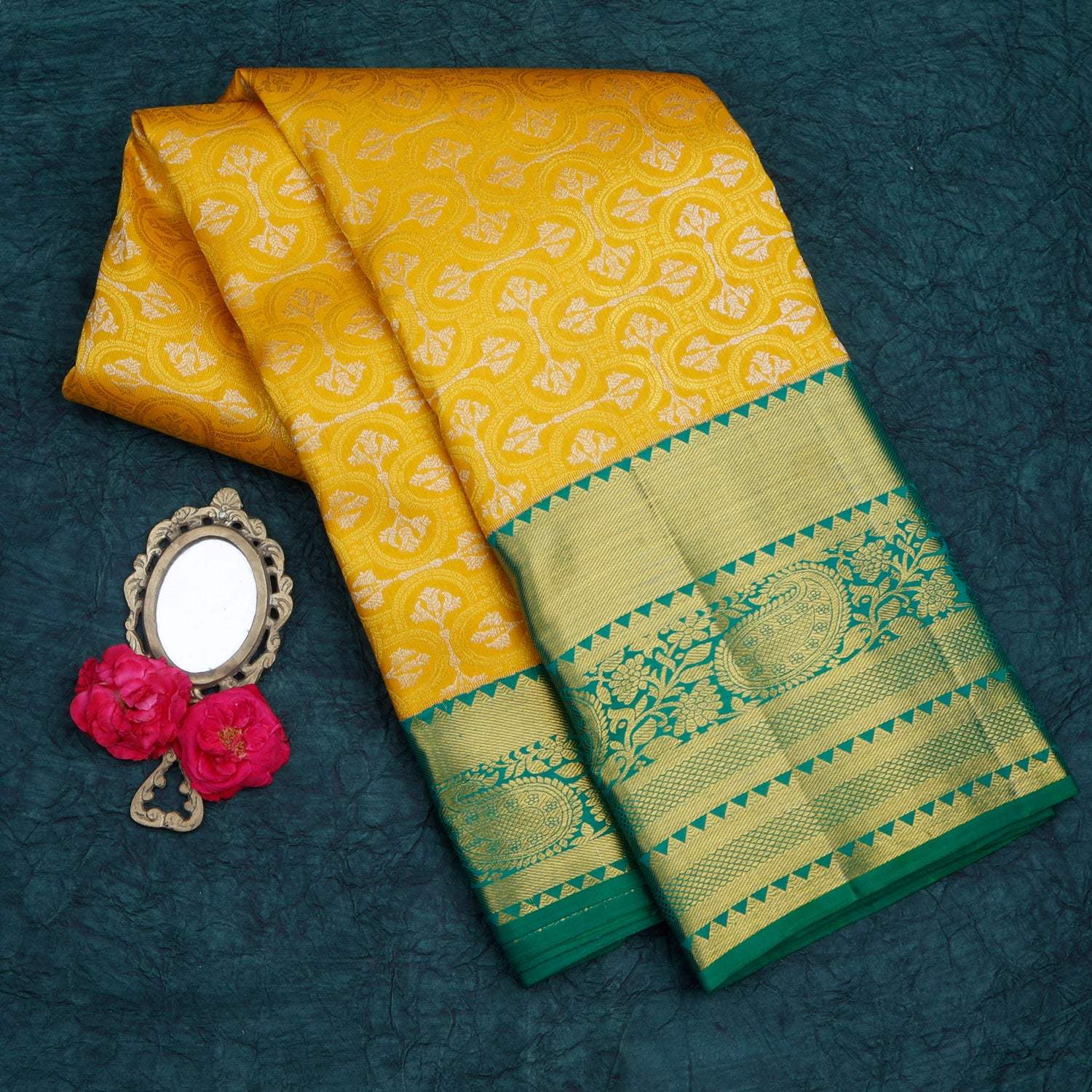 Mango Yellow Kanjivaram Silk Saree With Floral Pattern - Singhania's
