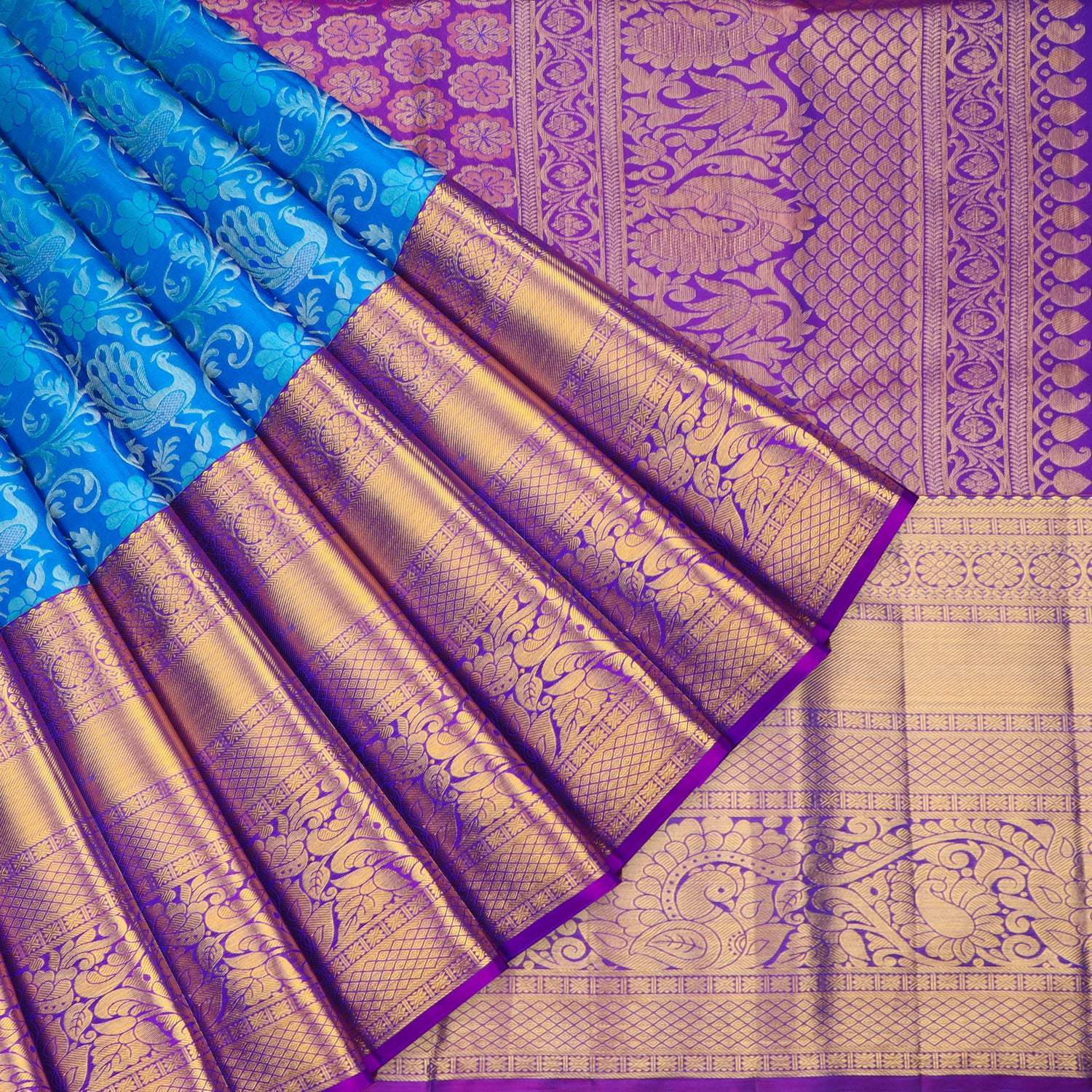 Cerulean Blue Kanjivaram Silk Saree With Jaal Design - Singhania's