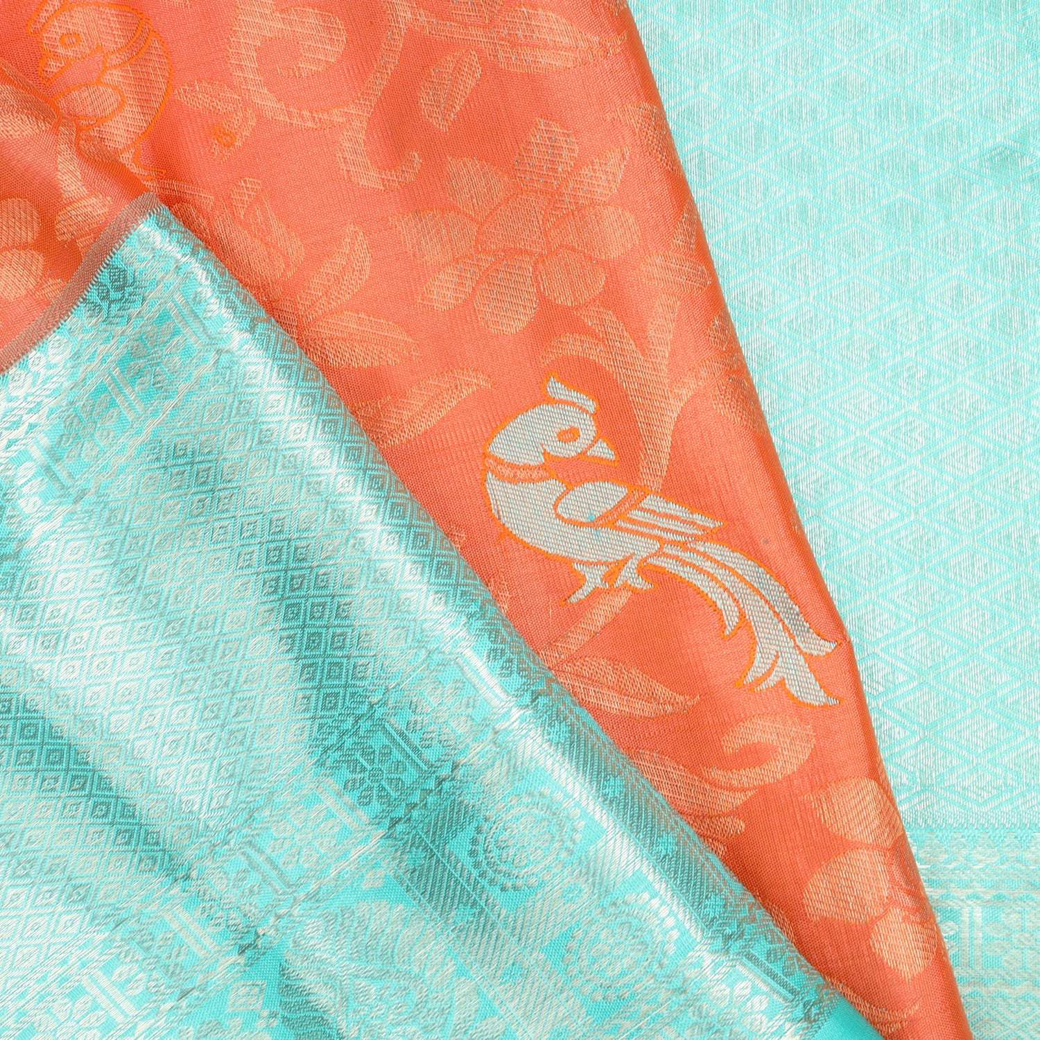 Bright Orange Kanjivaram Silk Saree With Floral And Bird Motifs - Singhania's