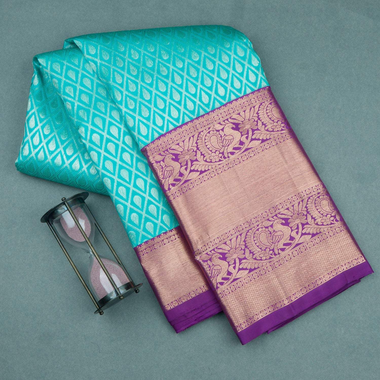 Bright Blue Kanjivaram Silk Saree With Floral Pattern - Singhania's