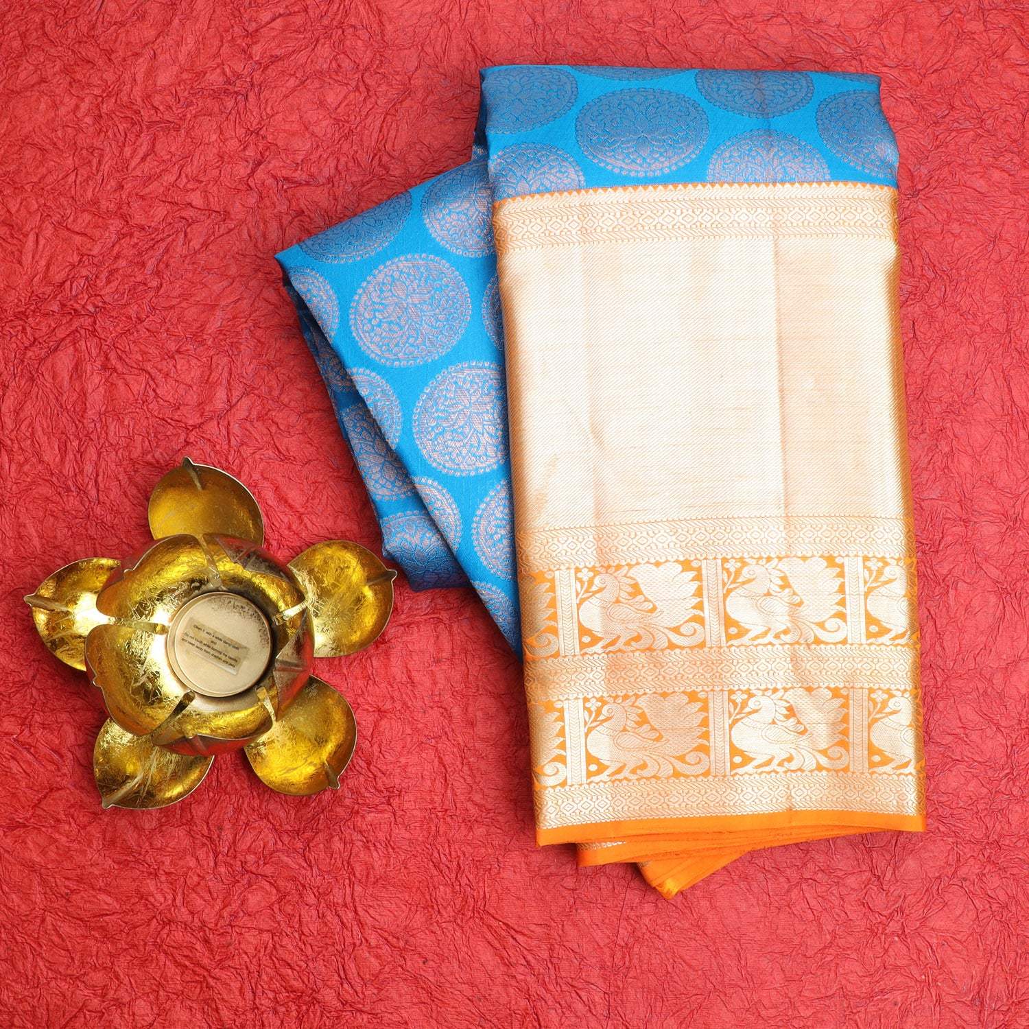 Blue Kanjivaram Silk Saree With Floral Chakra Buttas - Singhania's
