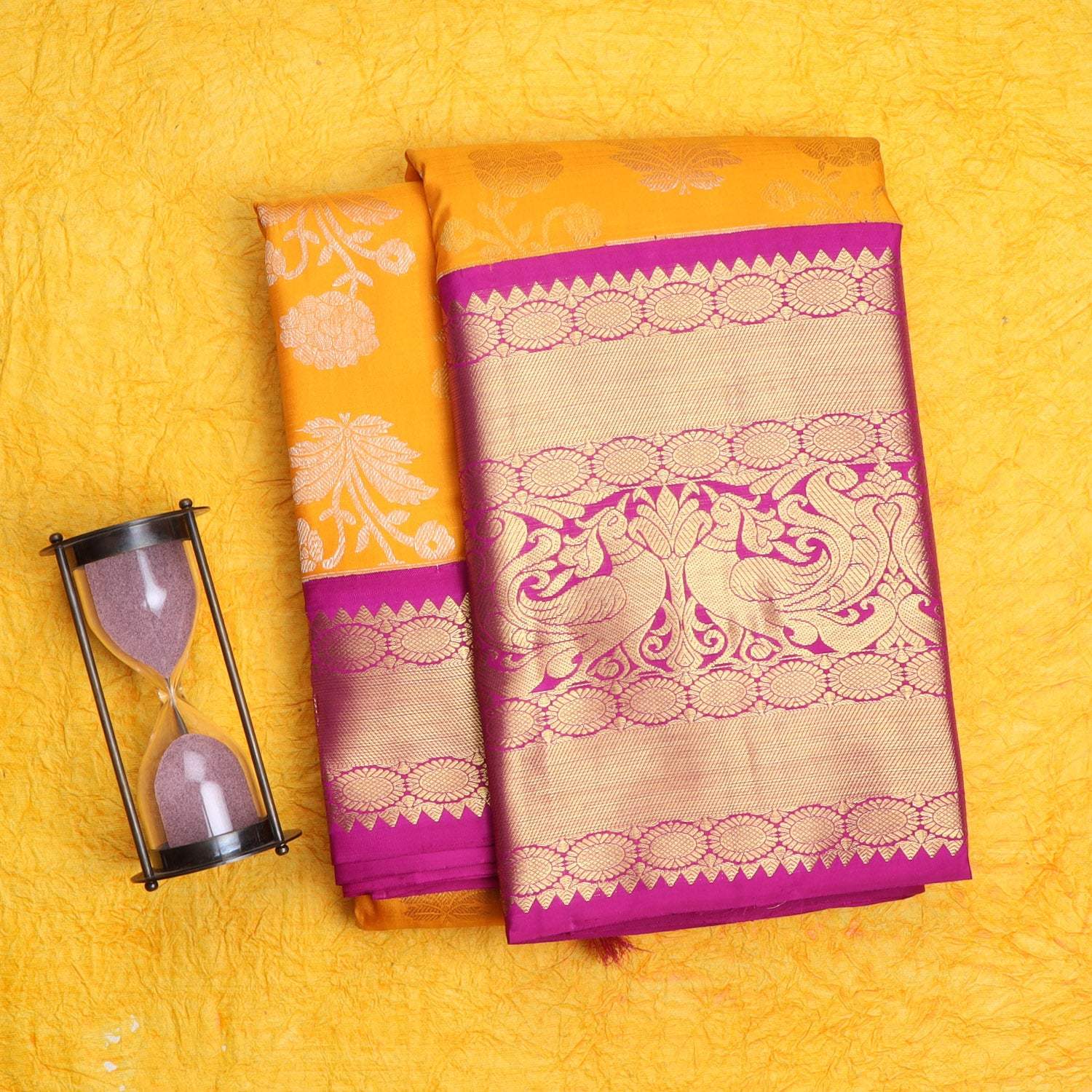 Orange Kanjivaram Silk Saree With Floral Motifs - Singhania's