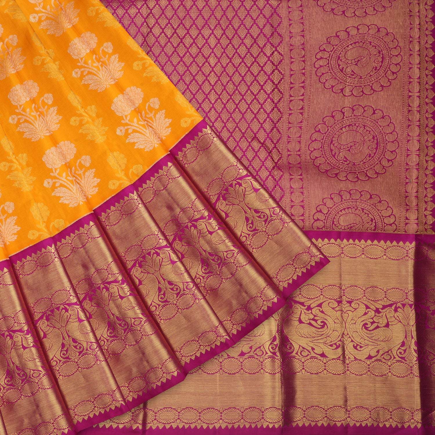 Orange Kanjivaram Silk Saree With Floral Motifs - Singhania's