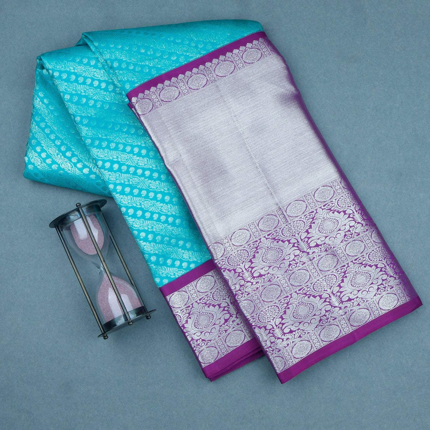 Bright Blue Kanjivaram Silk Saree With Floral Pattern - Singhania's