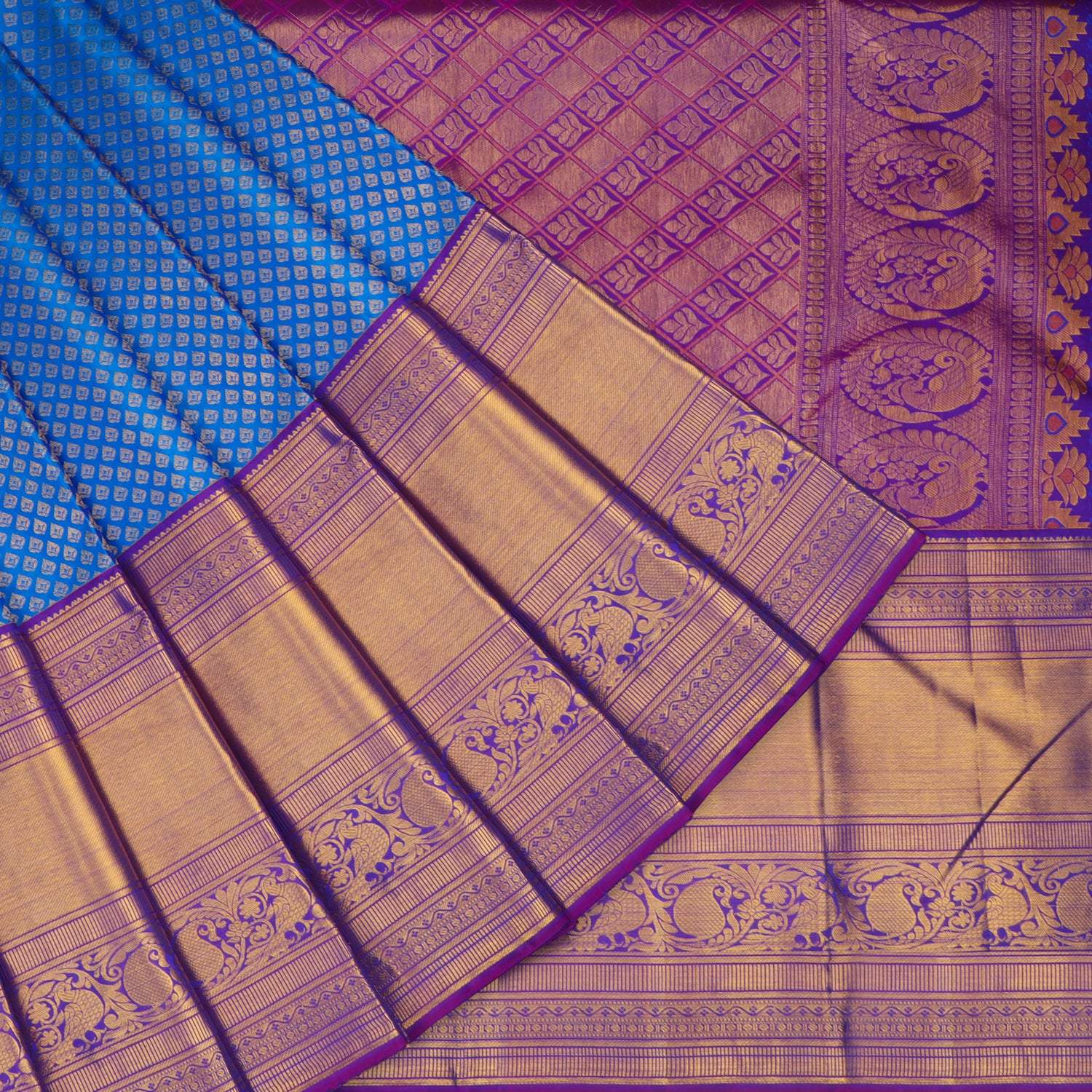 Azure Blue Kanjivaram Silk Saree With Floral Buttis - Singhania's