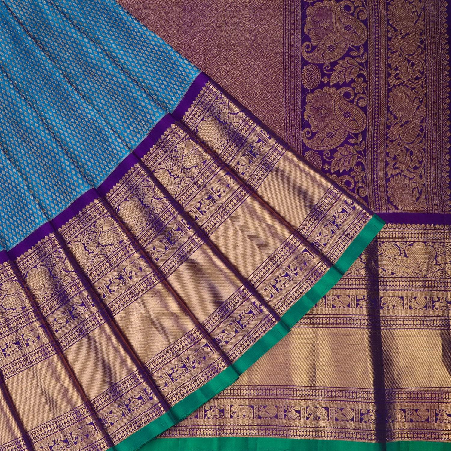Blue Kanjivaram Silk Saree With Floral Buttis - Singhania's
