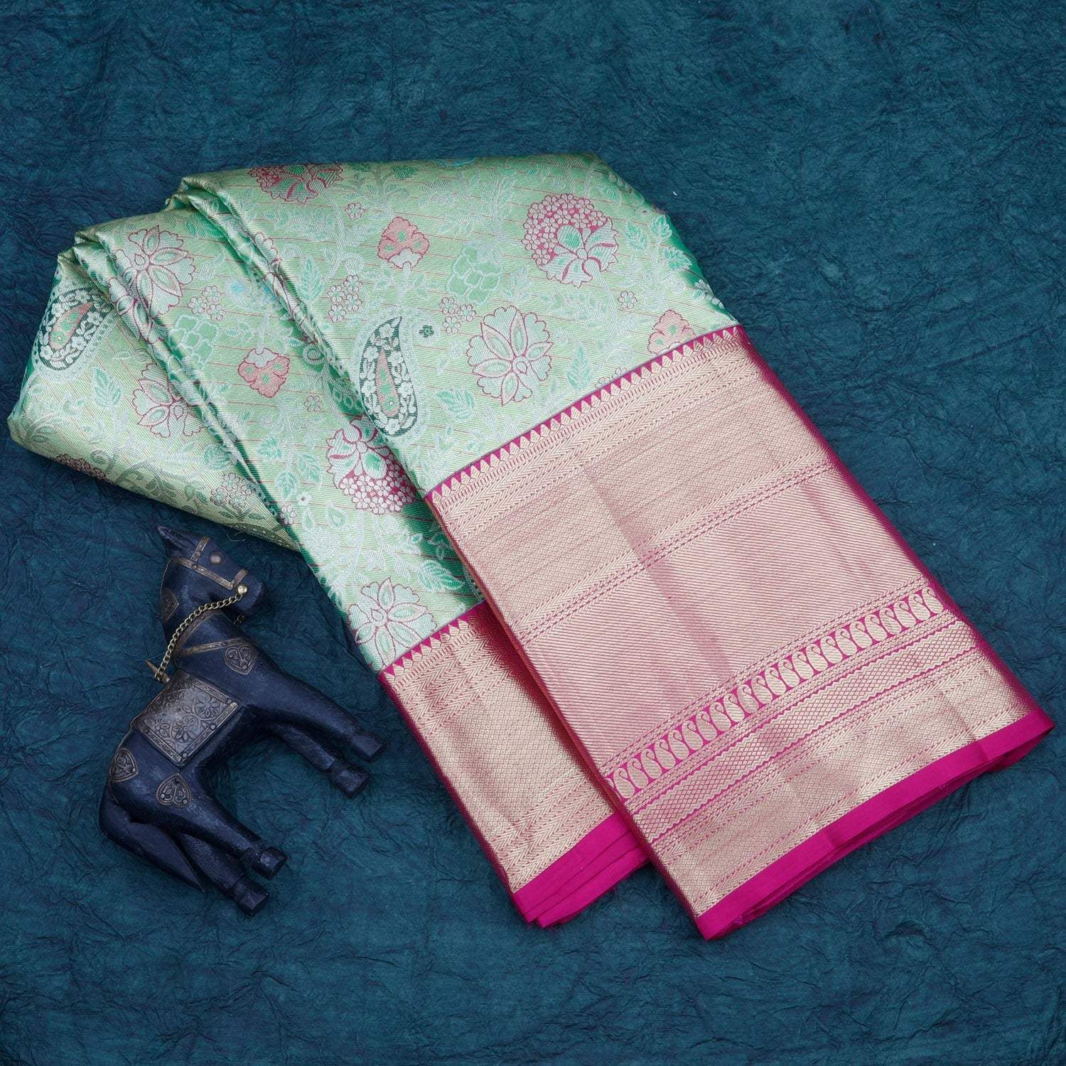 Green Tissue Kanjivaram Silk Saree With Jaal Design - Singhania's