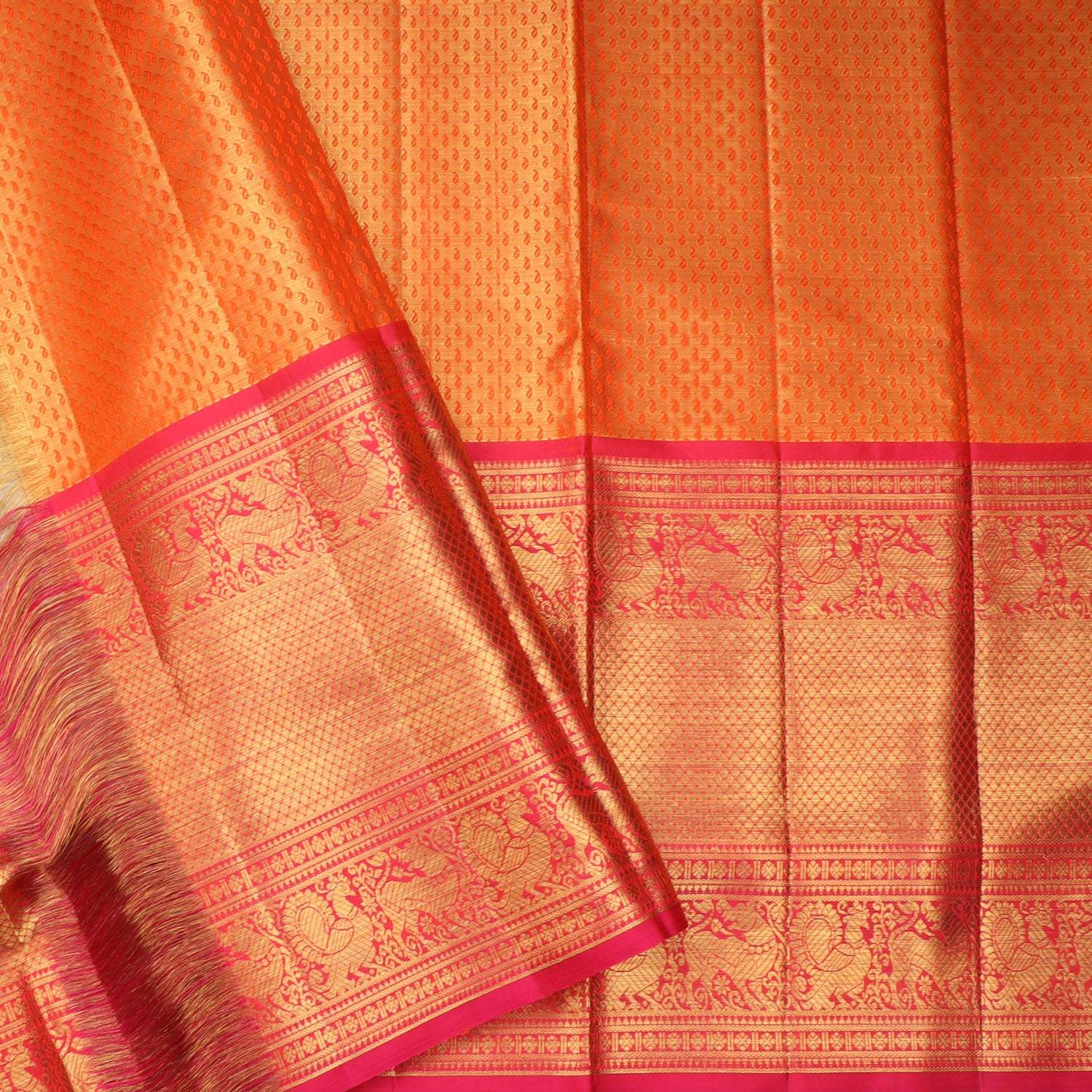 Orange Tissue Kanjivaram Silk Saree With Mayil Jaal Design - Singhania's