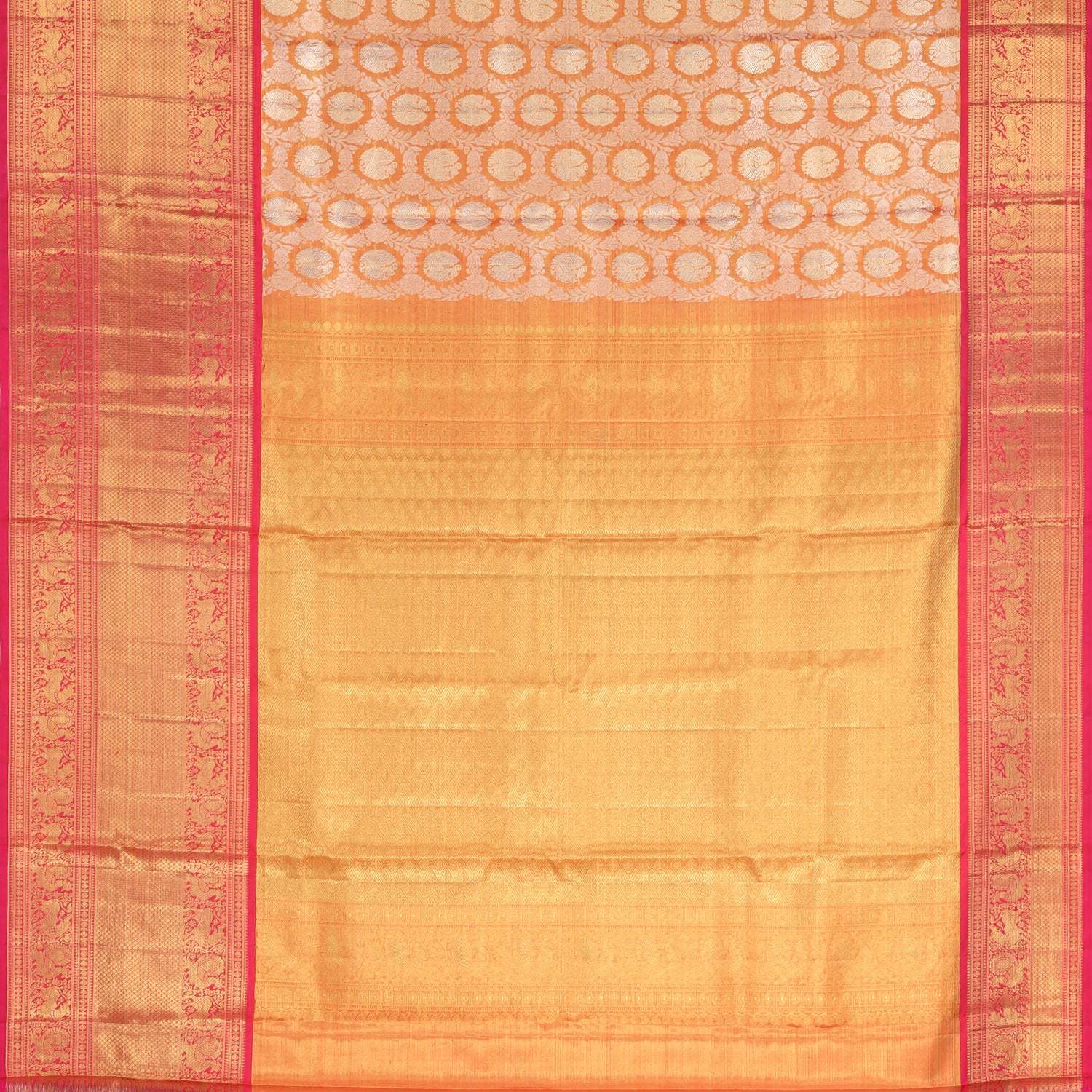 Orange Tissue Kanjivaram Silk Saree With Mayil Jaal Design - Singhania's