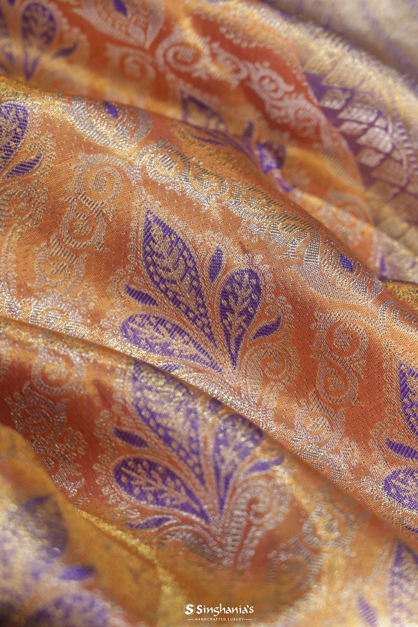 Alexandra Peach Tissue Kanjivaram Silk Saree With Floral Jaal Design