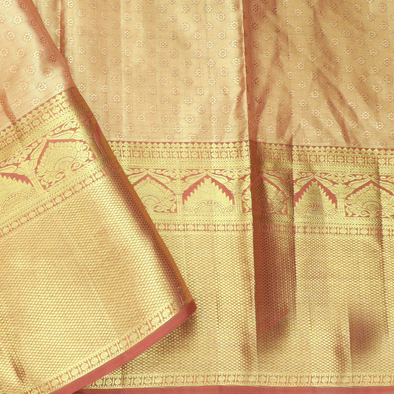 Pastel Cream Tissue Kanjivaram Silk Saree With Floral Pattern - Singhania's
