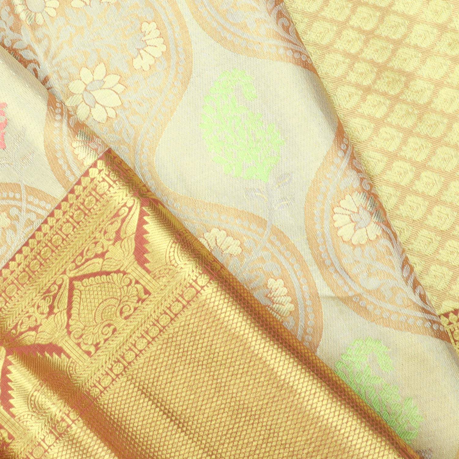 Pastel Cream Tissue Kanjivaram Silk Saree With Floral Pattern - Singhania's