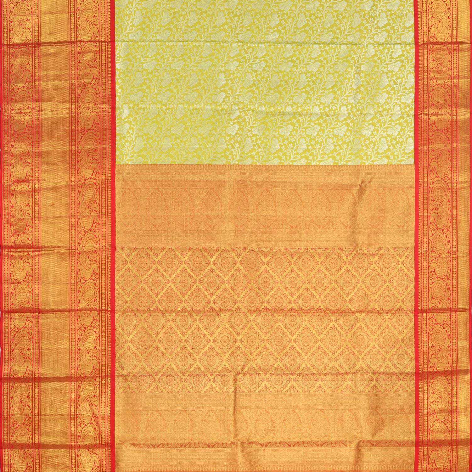 Lime Green Kanjivaram Silk Saree With Floral Motif Pattern - Singhania's