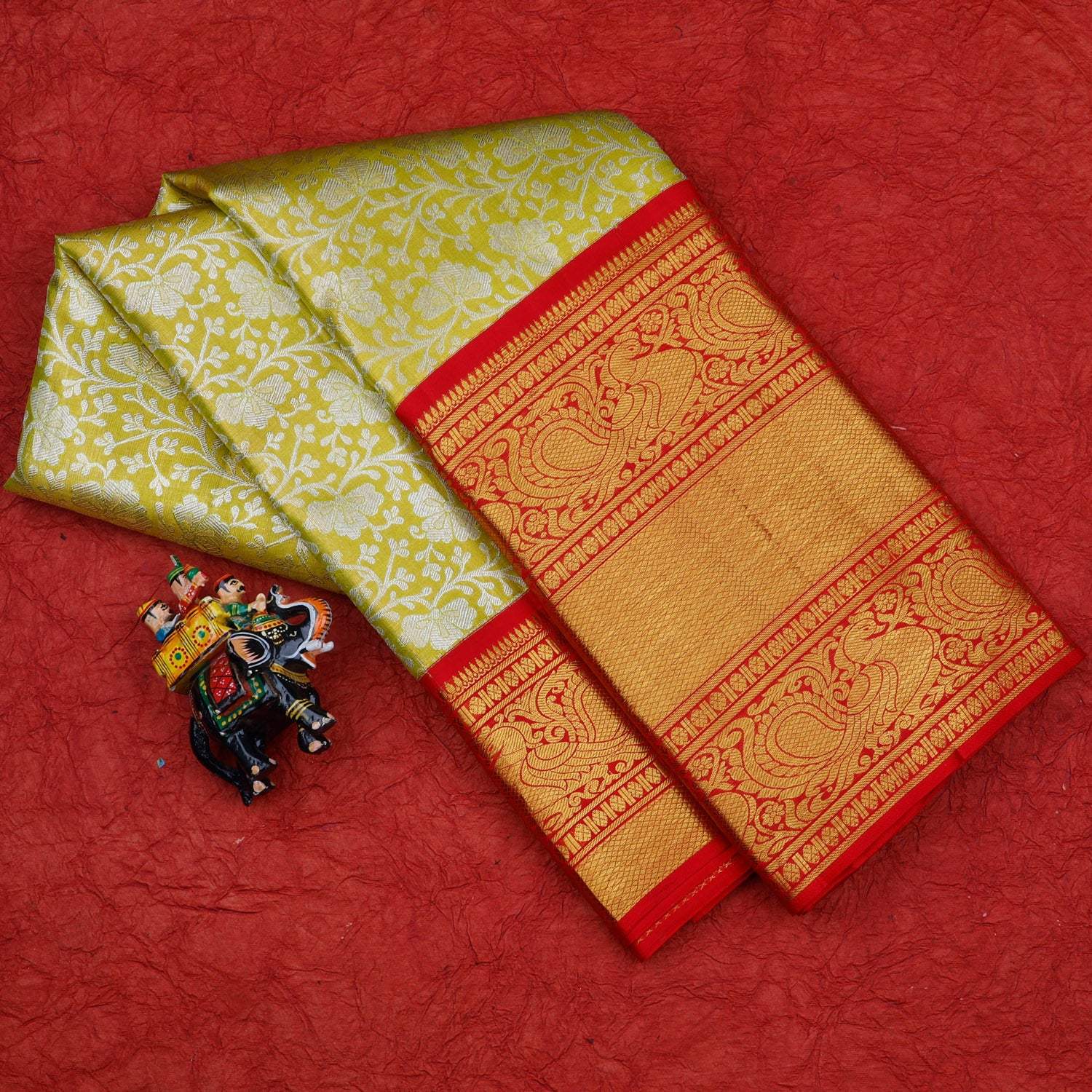 Lime Green Kanjivaram Silk Saree With Floral Motif Pattern - Singhania's