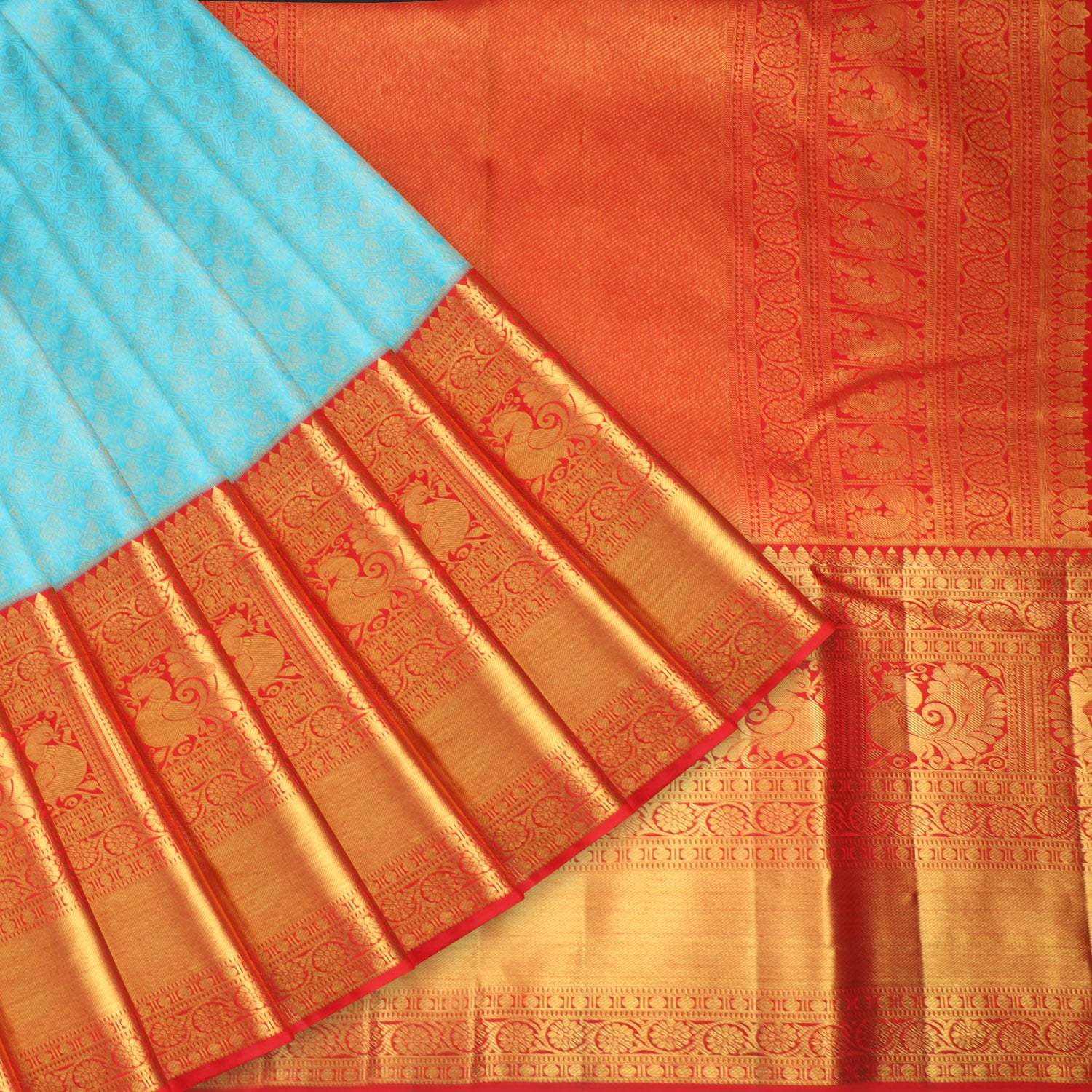 Cyan Blue Kanjivaram Silk Saree With Floral Pattern - Singhania's