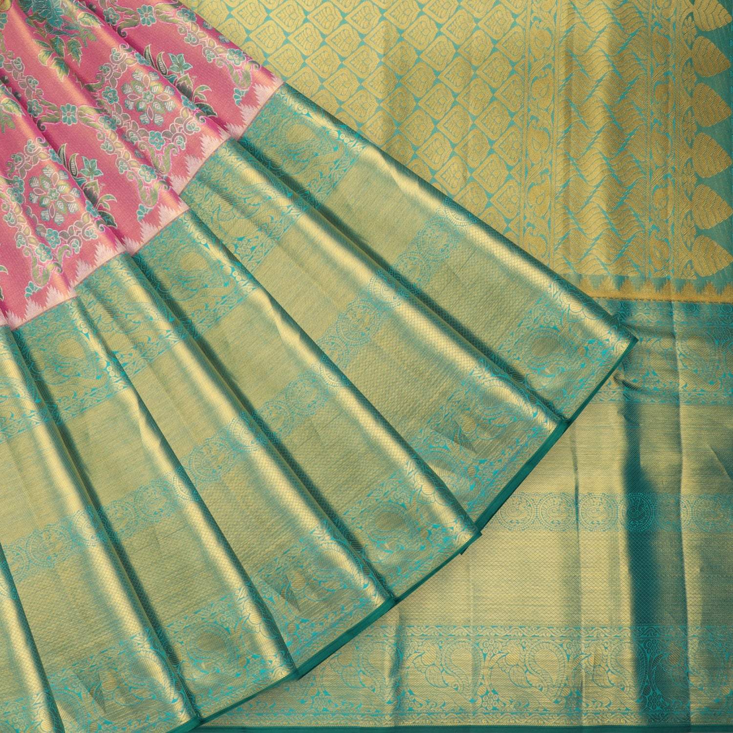 Orange Tissue Kanjivaram Silk Saree With Floral Motif Pattern - Singhania's