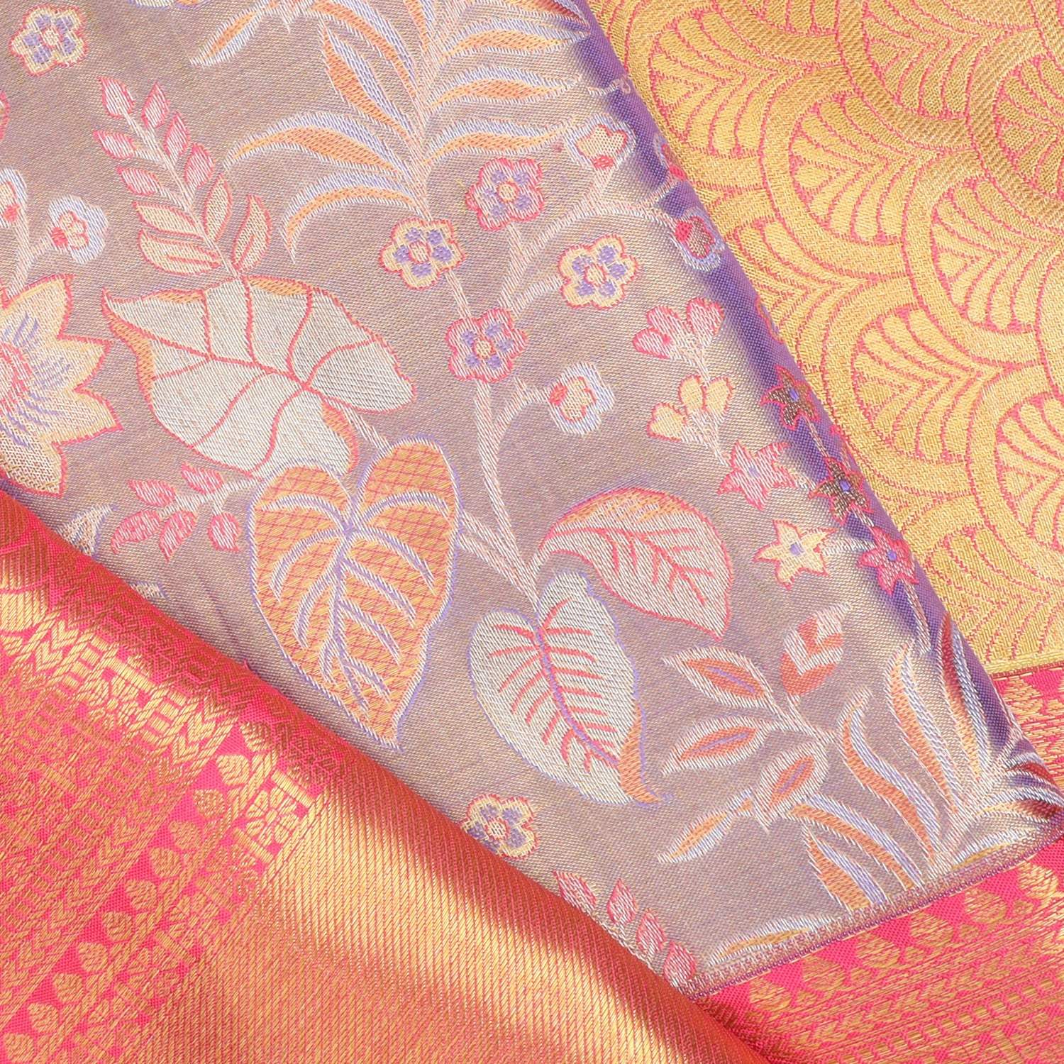 Pink Tissue Kanjivaram Silk Saree With Floral Motifs - Singhania's