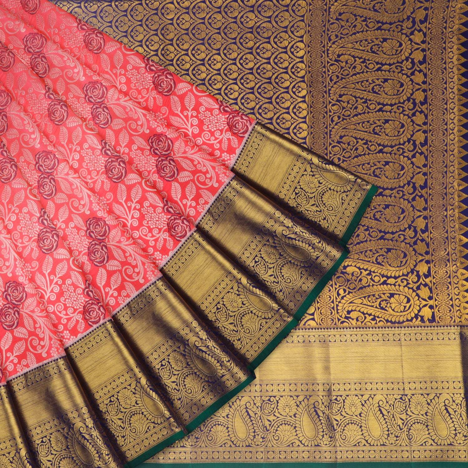 Pink Kanjivaram Silk Saree With Floral Motifs - Singhania's
