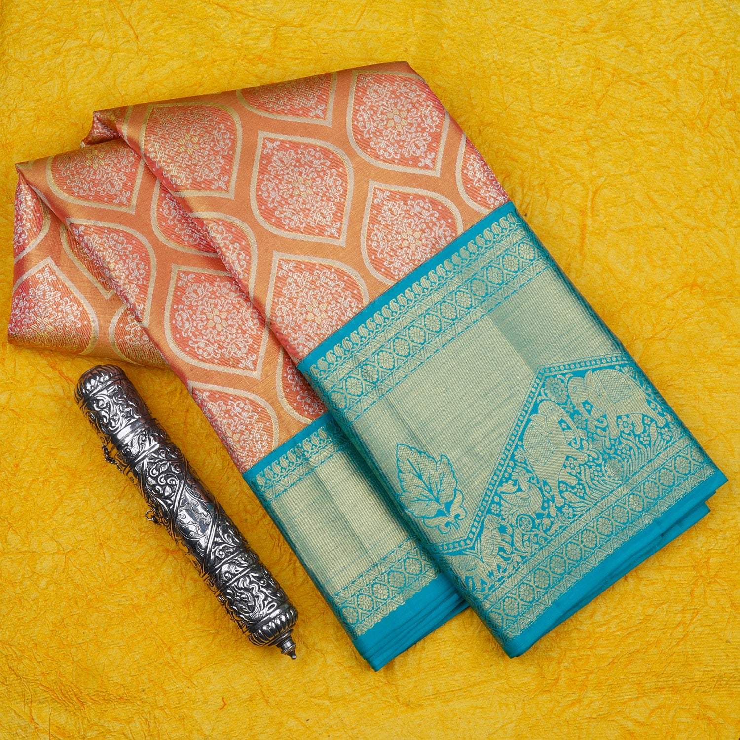 Orange Tissue Kanjivaram Silk Saree With Floral Motifs - Singhania's