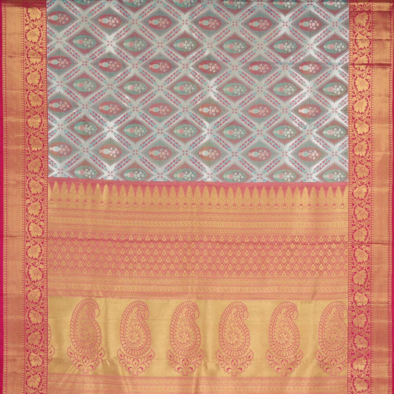 Cloud White Kanjivaram Silk Saree With Floral Motif Pattern - Singhania's