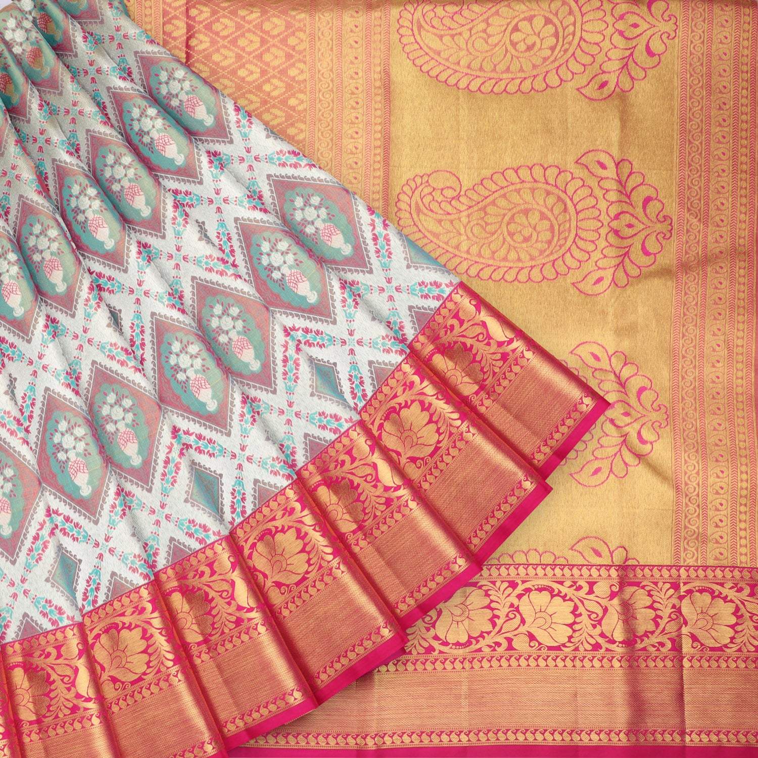 Cloud White Kanjivaram Silk Saree With Floral Motif Pattern - Singhania's