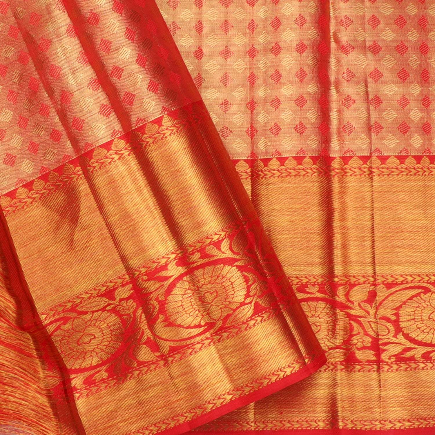 Gold Tissue Kanjivaram Silk Saree With Floral And Mayil Motifs - Singhania's