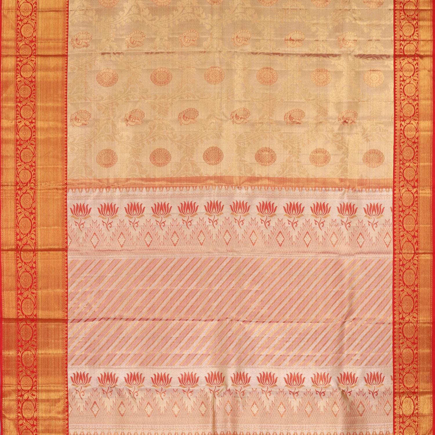 Gold Tissue Kanjivaram Silk Saree With Floral And Mayil Motifs - Singhania's