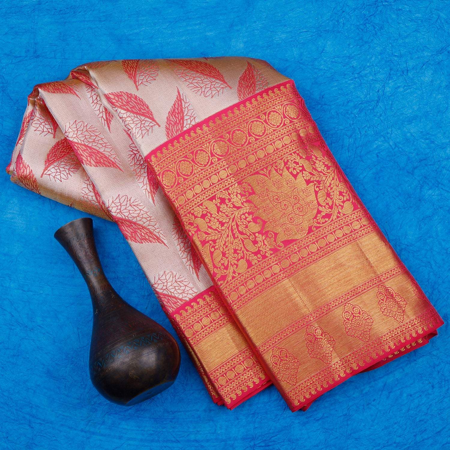 Soft Peach Pink Kanjivaram Silk Saree With Leaf Motifs - Singhania's