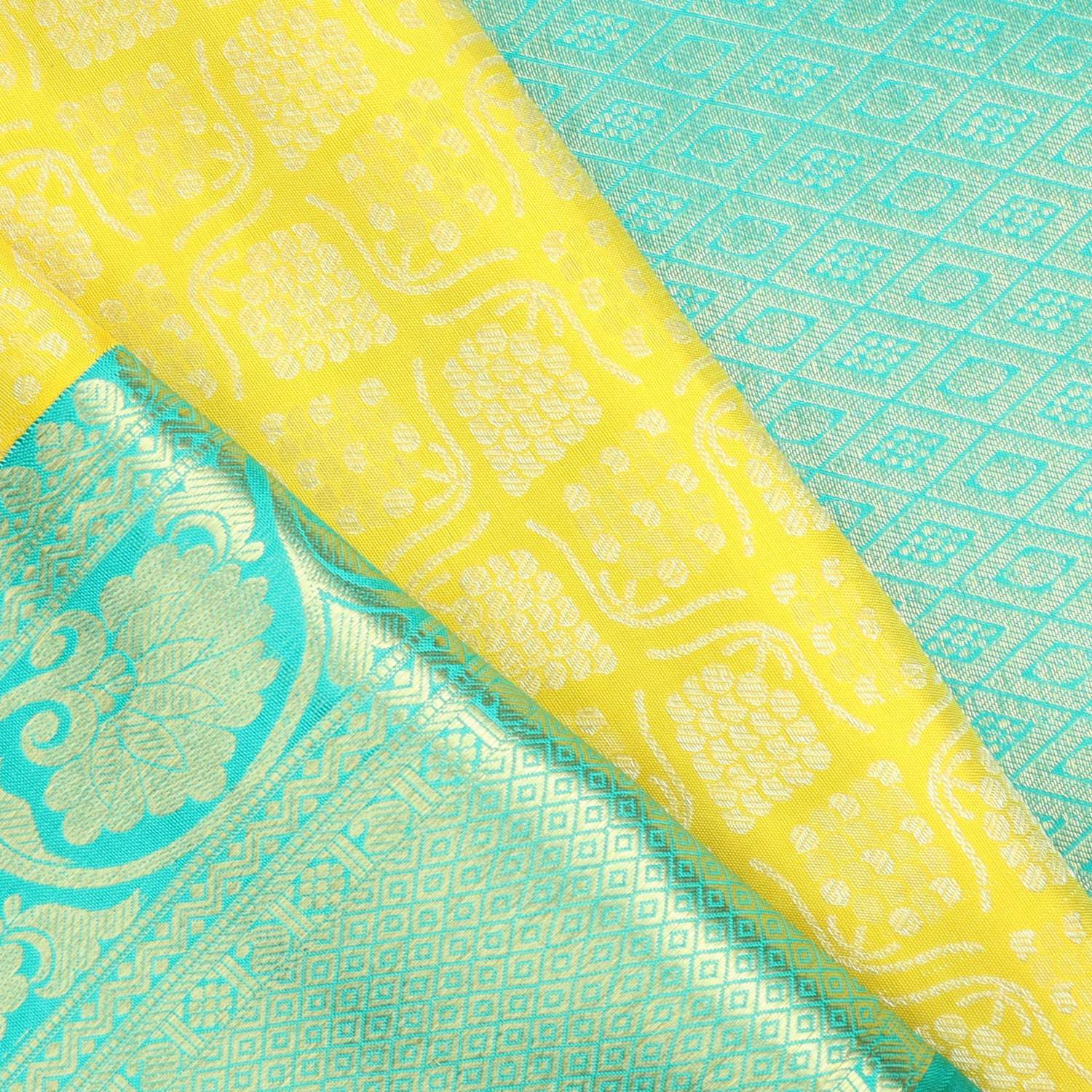Bright Yellow Kanjivaram Silk Saree With Floral Motifs - Singhania's