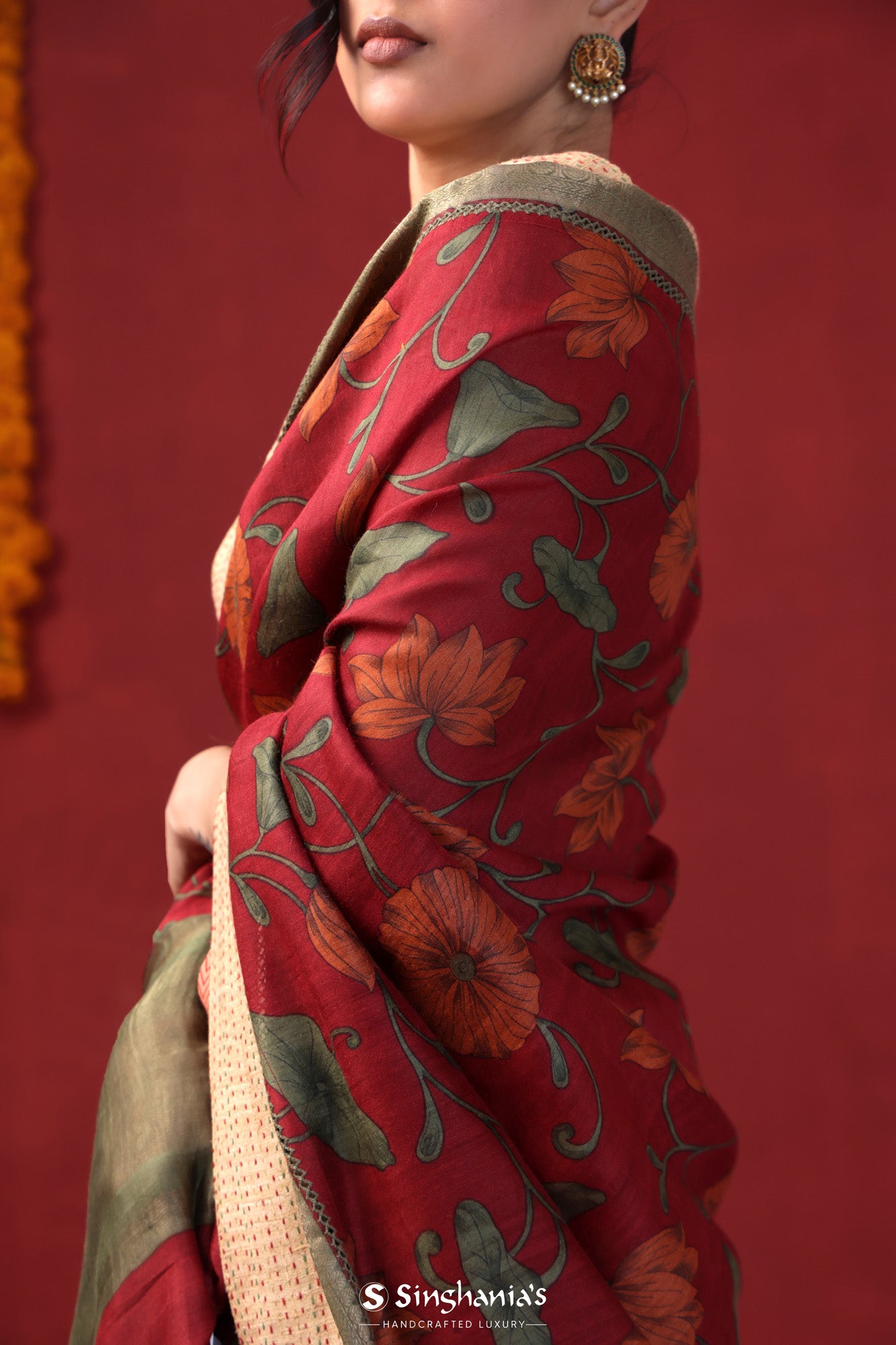 Cardinals Red Tussar Printed Designer Saree With Floral Pattern
