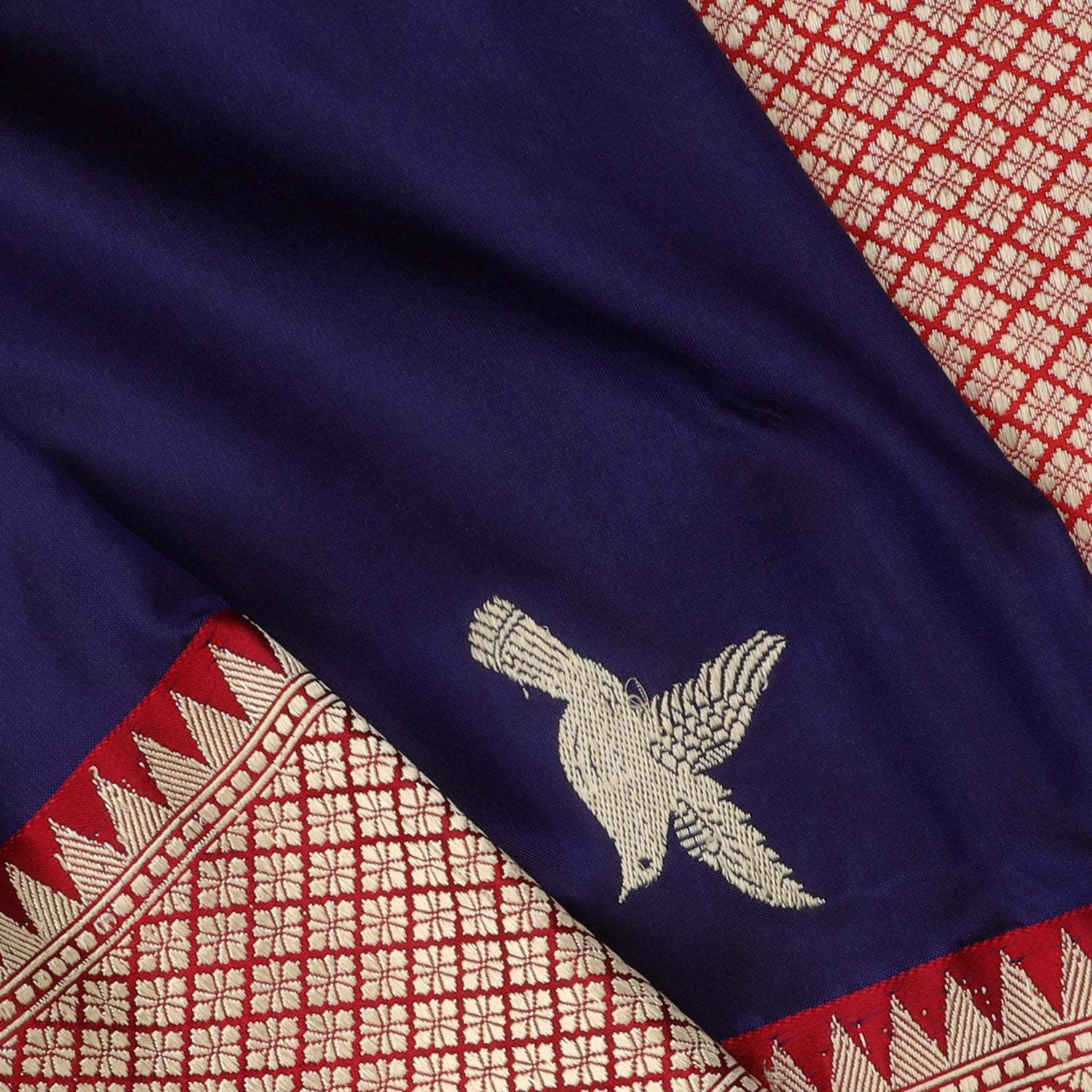 Dark Blue Silk Saree With Bird Motifs - Singhania's