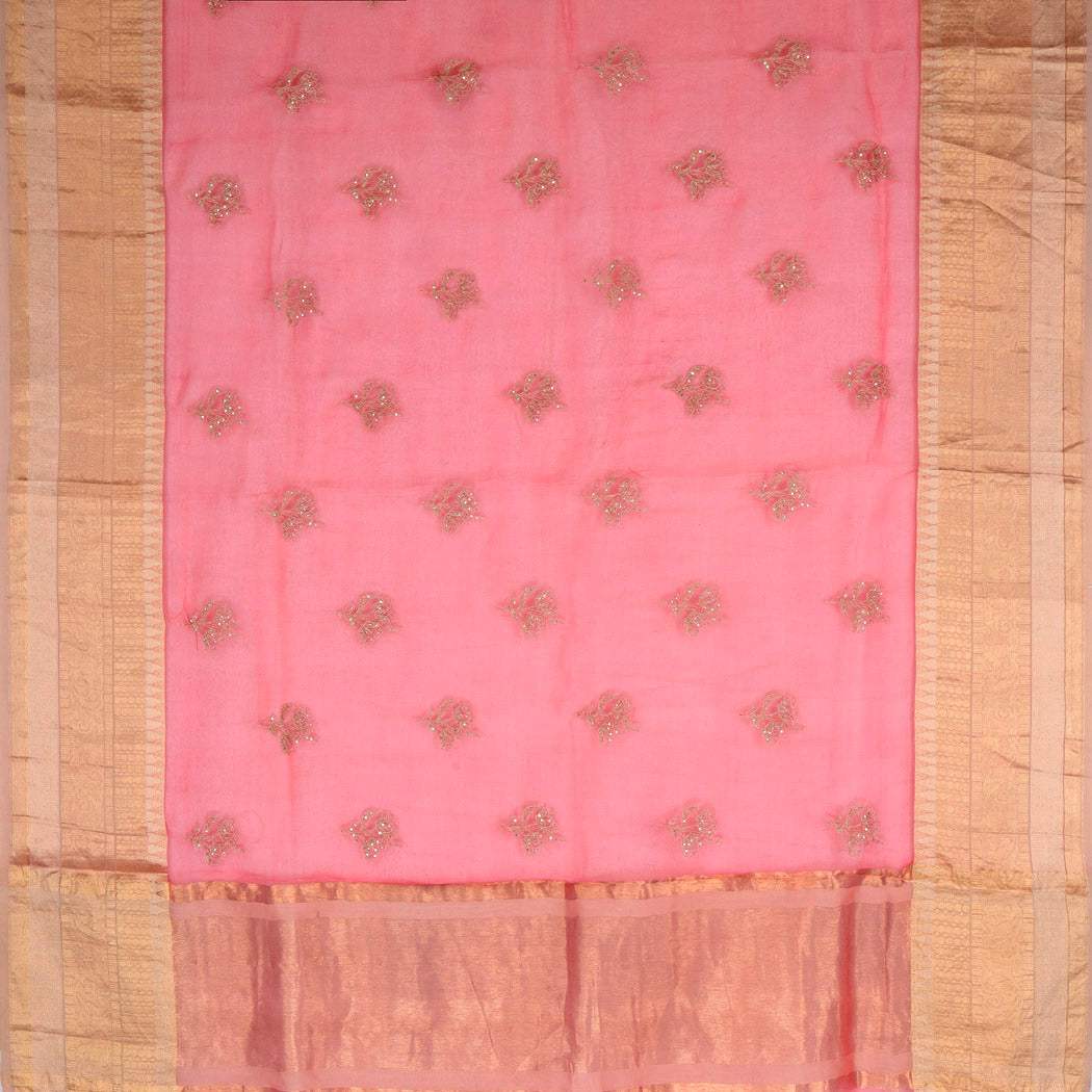 Cherry Red Organza Saree With Sequins Floral Embroidered Buttas - Singhania's