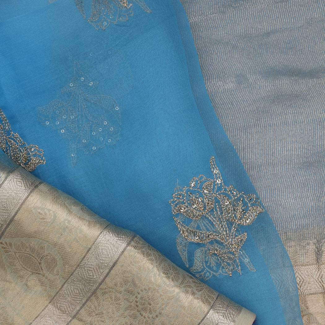 Turquoise Blue Organza Saree With Sequins Floral Embroidered Buttas - Singhania's